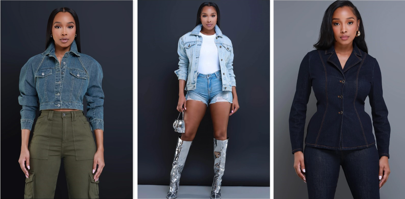 Collage of 3 swank girls wearing a jean jacket with different style outlifits.