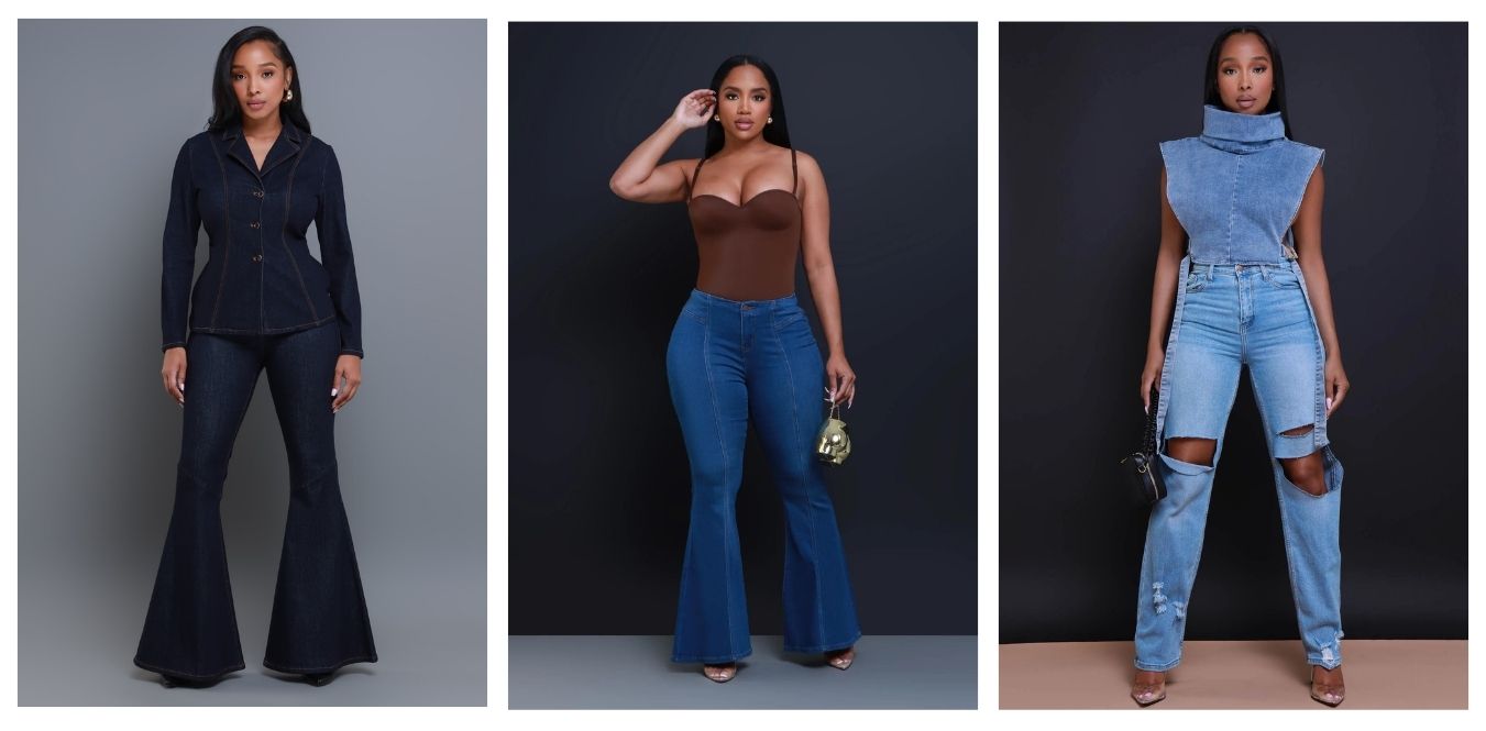 Swank Girl wearing a dark wash flare jeans