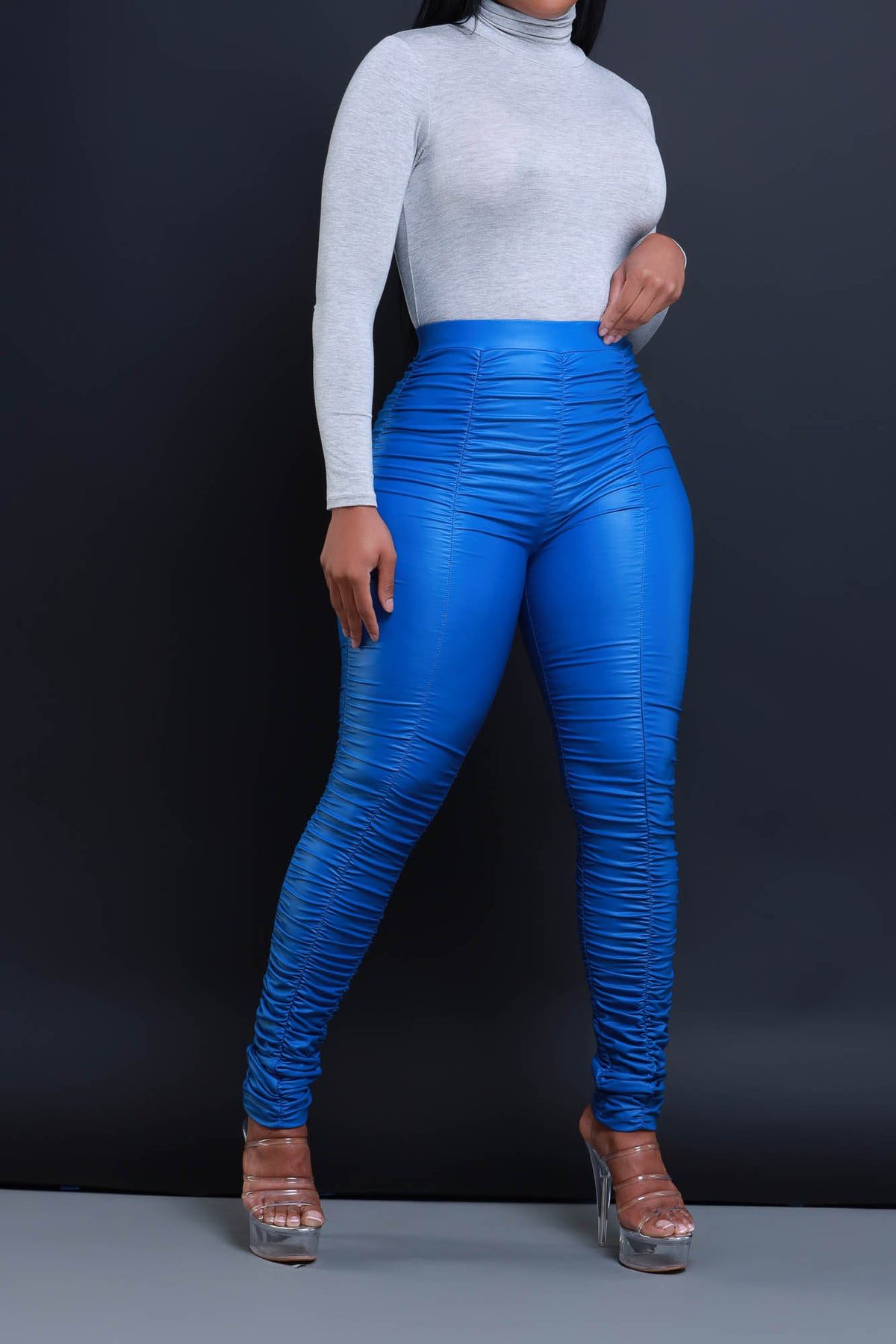 
              Be Honest Ruched High Waist Pants - Royal Blue Faux Leather Leggings - Swank A Posh
            