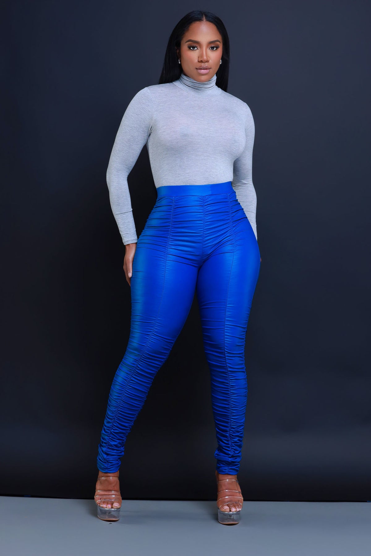 
              Be Honest Ruched High Waist Pants - Royal Blue Faux Leather Leggings - Swank A Posh
            