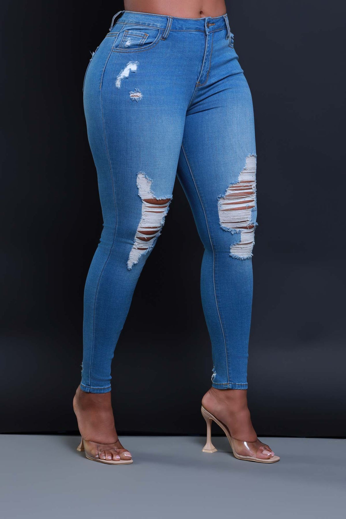 
              Dropped Call Hourglass Distressed Stretchy Skinny Jeans - Medium Wash - Swank A Posh
            