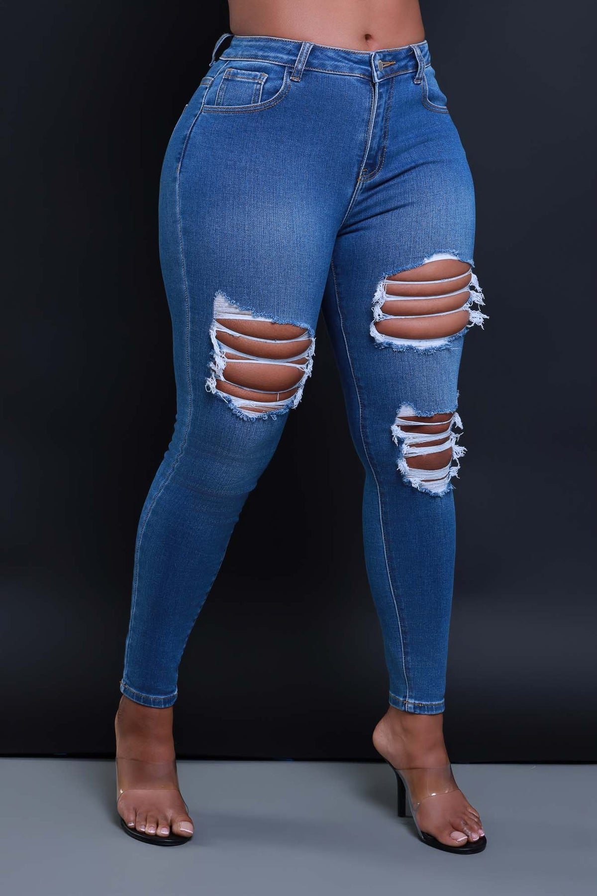 
              Left On Read Hourglass Distressed Stretchy Skinny Jeans - Medium Wash - Swank A Posh
            