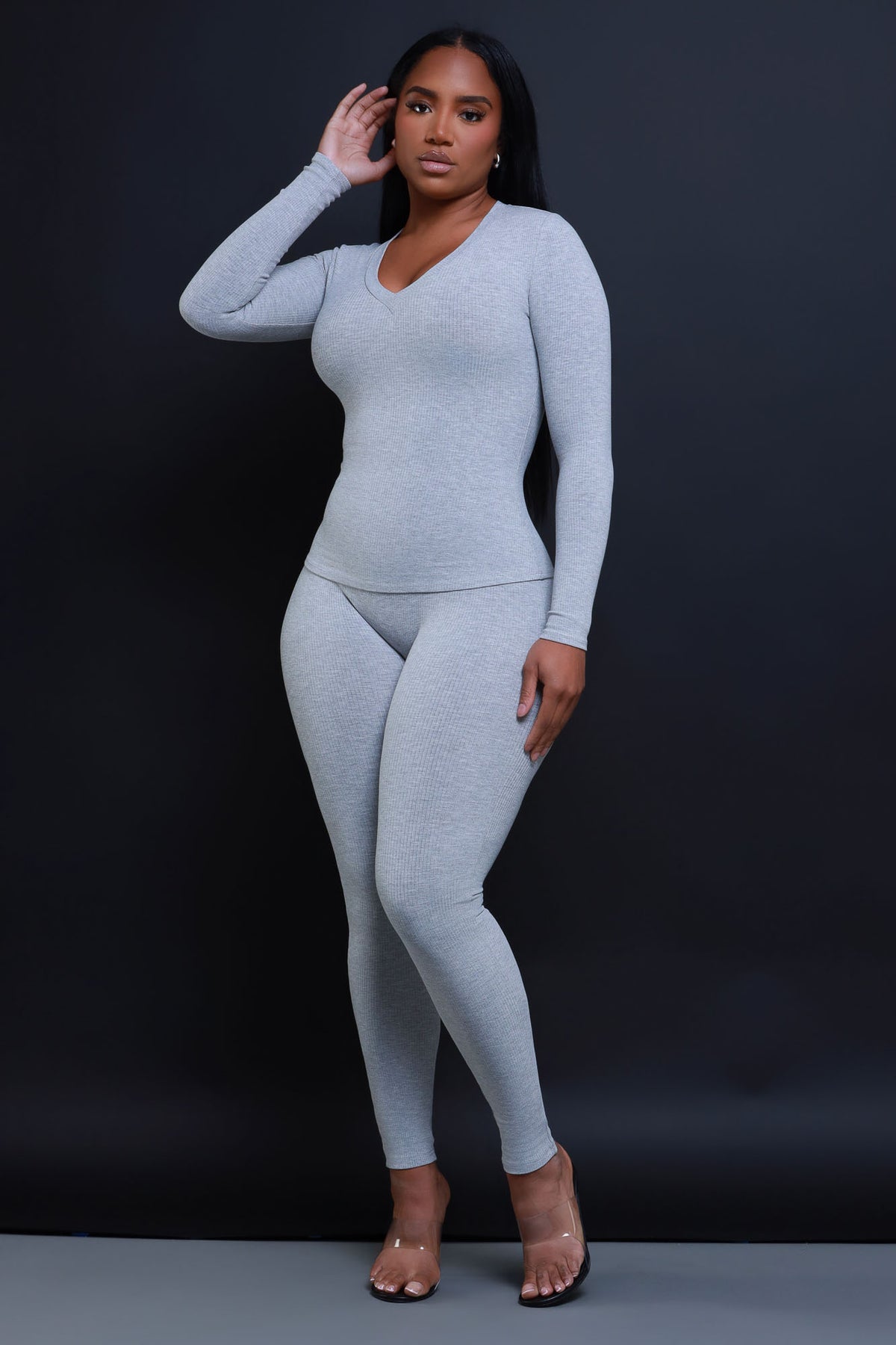 What It Is Cellulite Deleter Long Sleeve Ribbed Top - Heather Grey
