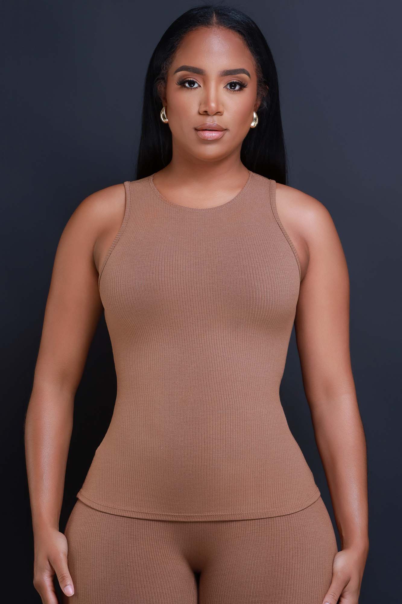 Top Of The Line Cellulite Deleter Sleeveless Ribbed Top - Mocha - Swank A Posh