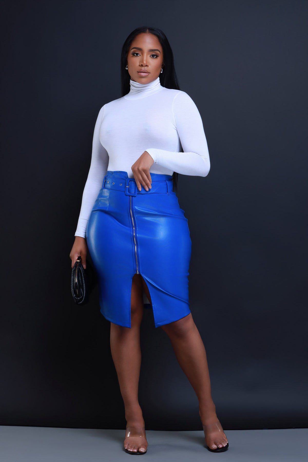 
              Late Fee Belted Faux Leather Midi Skirt - Blue - Swank A Posh
            