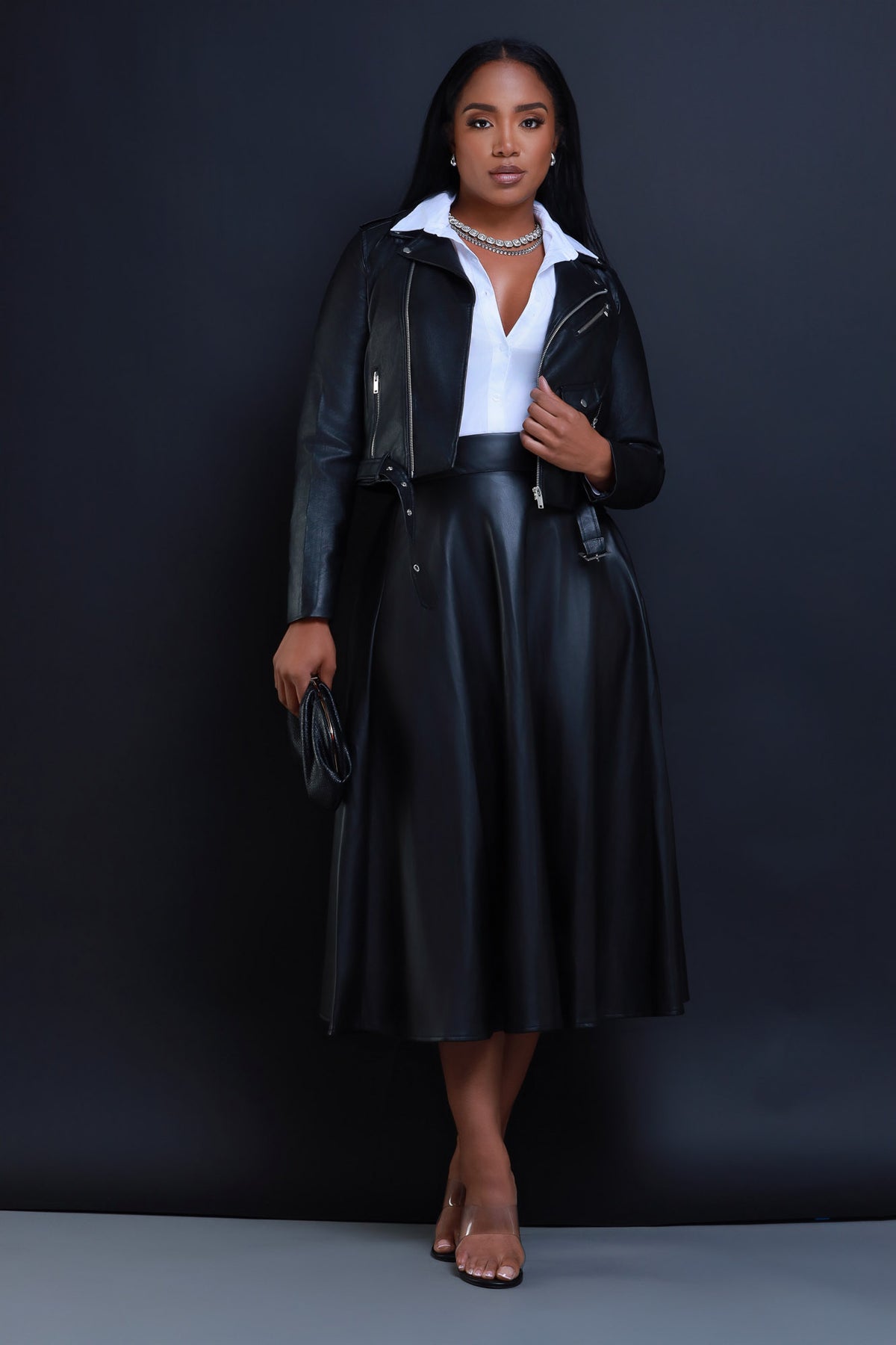 
              Gone Bad Faux Leather A-Line Midi Skirt - Black - Swank A Posh
            