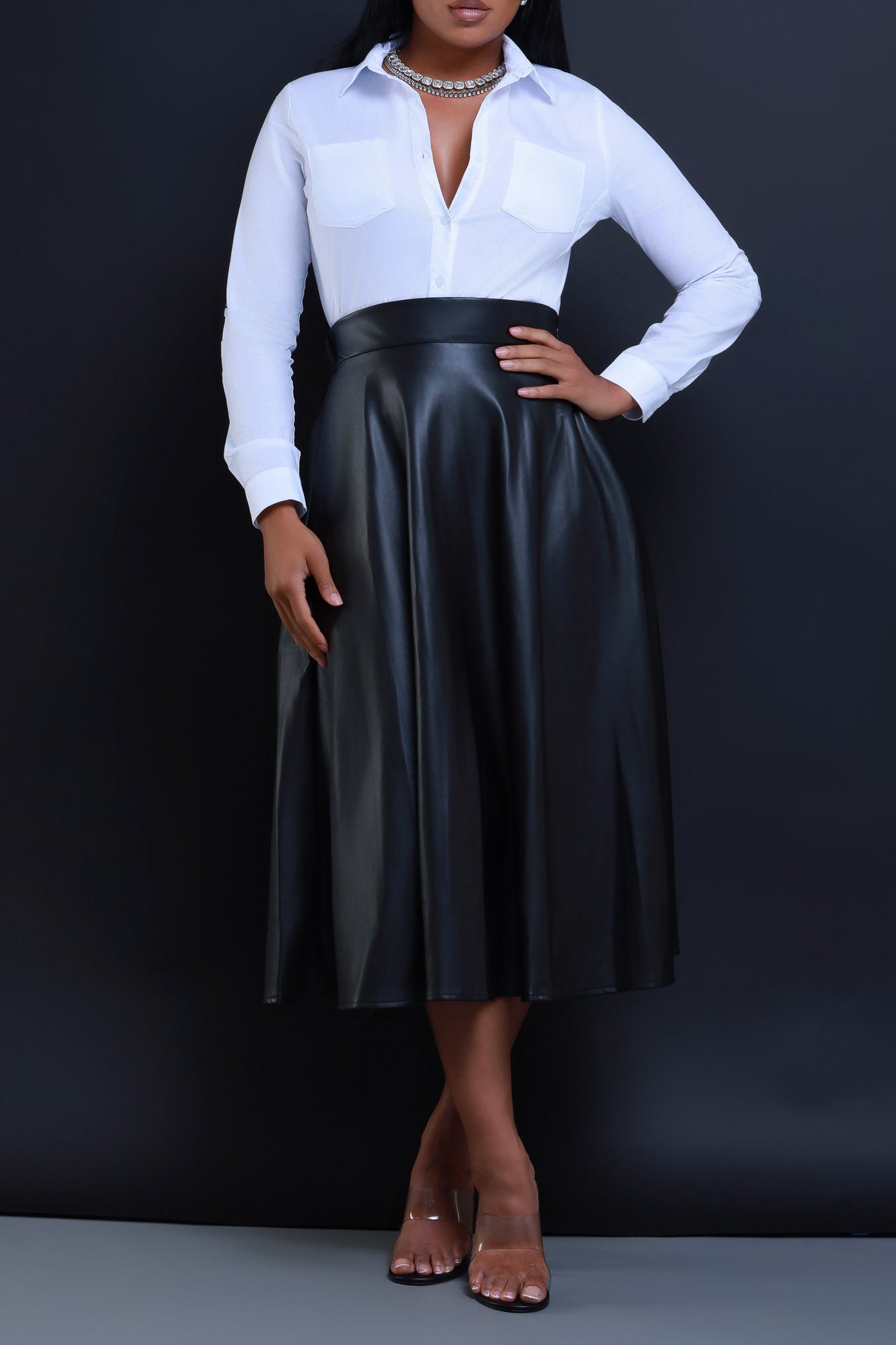 Gone Bad Faux Leather A-Line Midi Skirt - Black | Swank A Posh