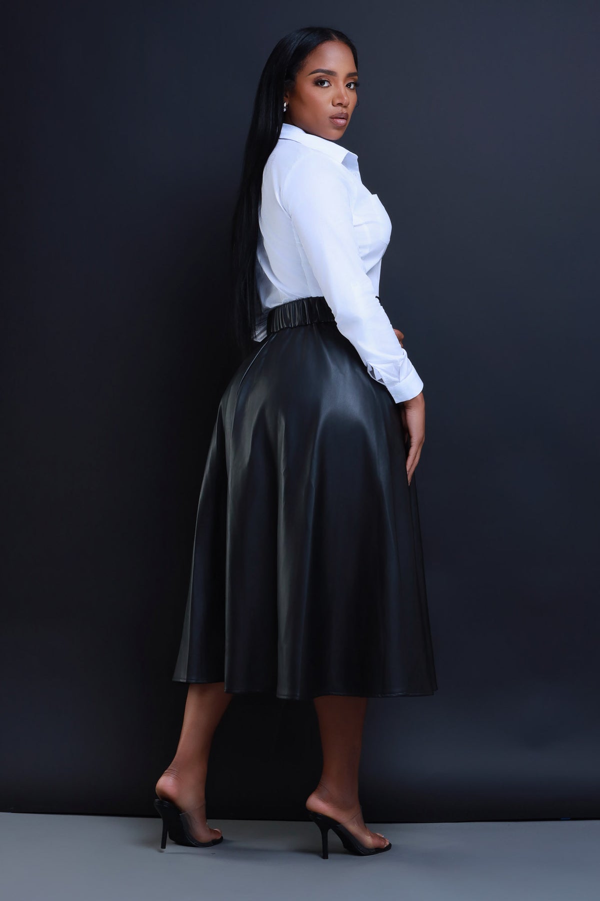 
              Gone Bad Faux Leather A-Line Midi Skirt - Black - Swank A Posh
            