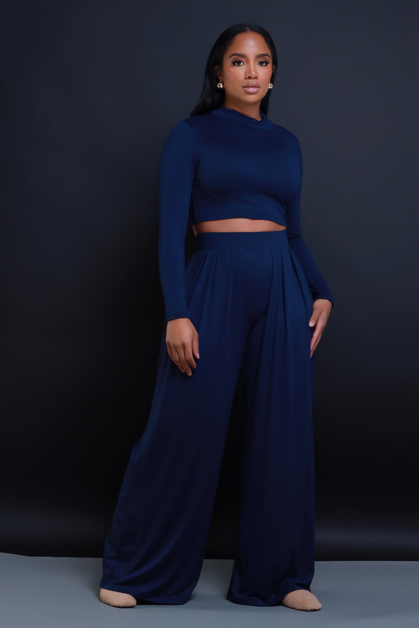 Be Serious Long Sleeve Cropped Palazzo Pants Set - Navy - Swank A Posh