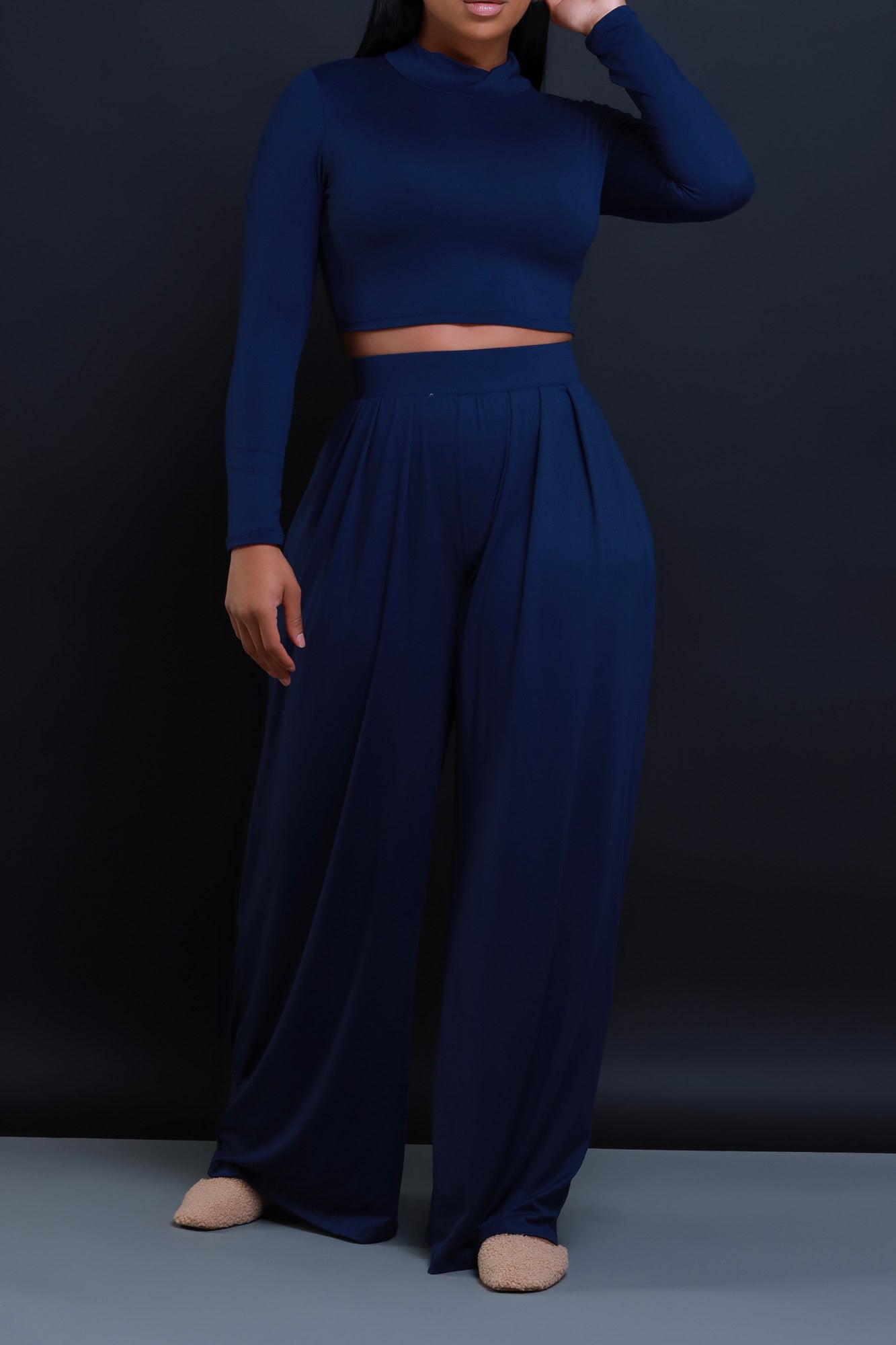 Be Serious Long Sleeve Cropped Palazzo Pants Set - Navy - Swank A Posh