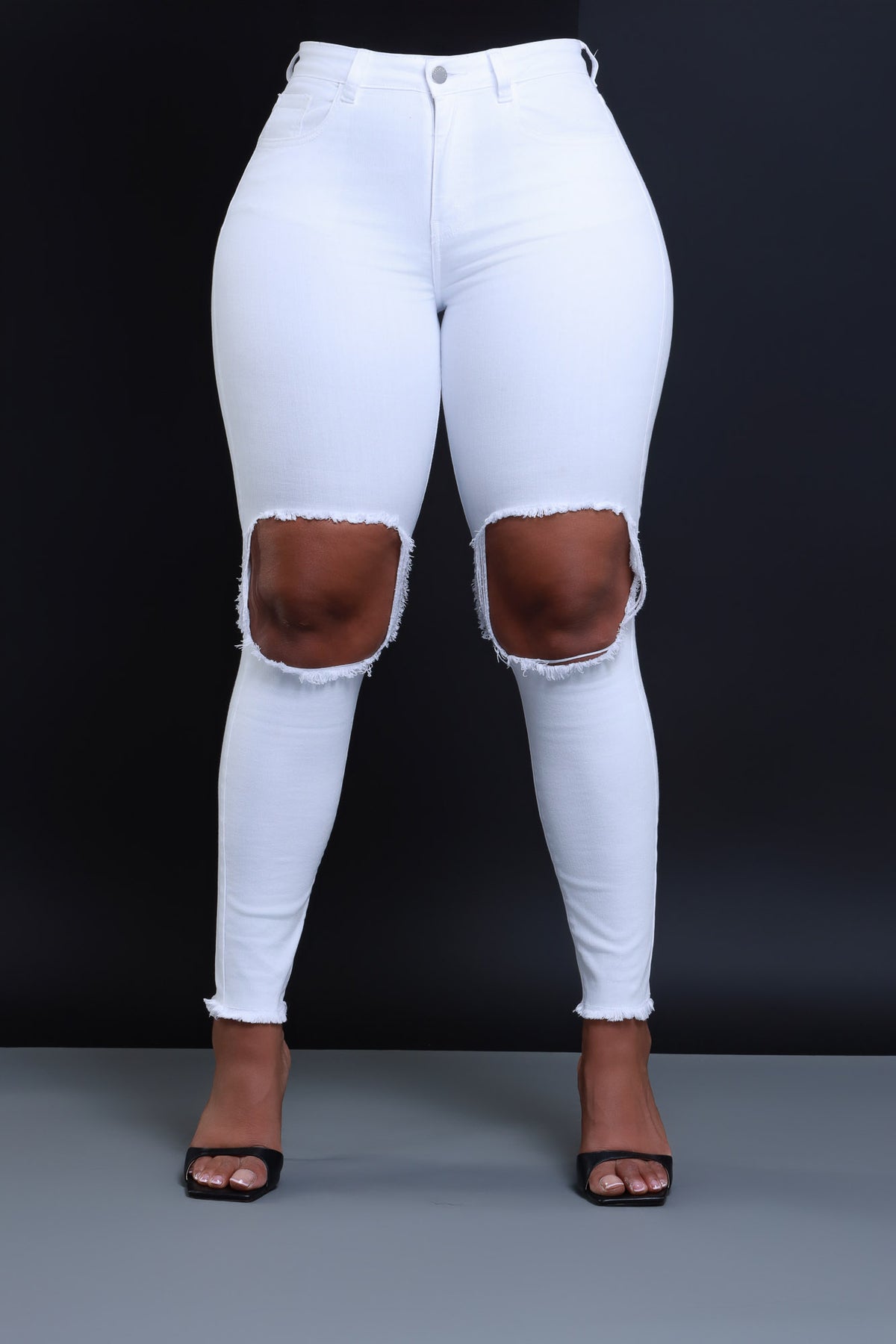 
              Past Due Hourglass Distressed Stretchy Skinny Jeans - White - Swank A Posh
            