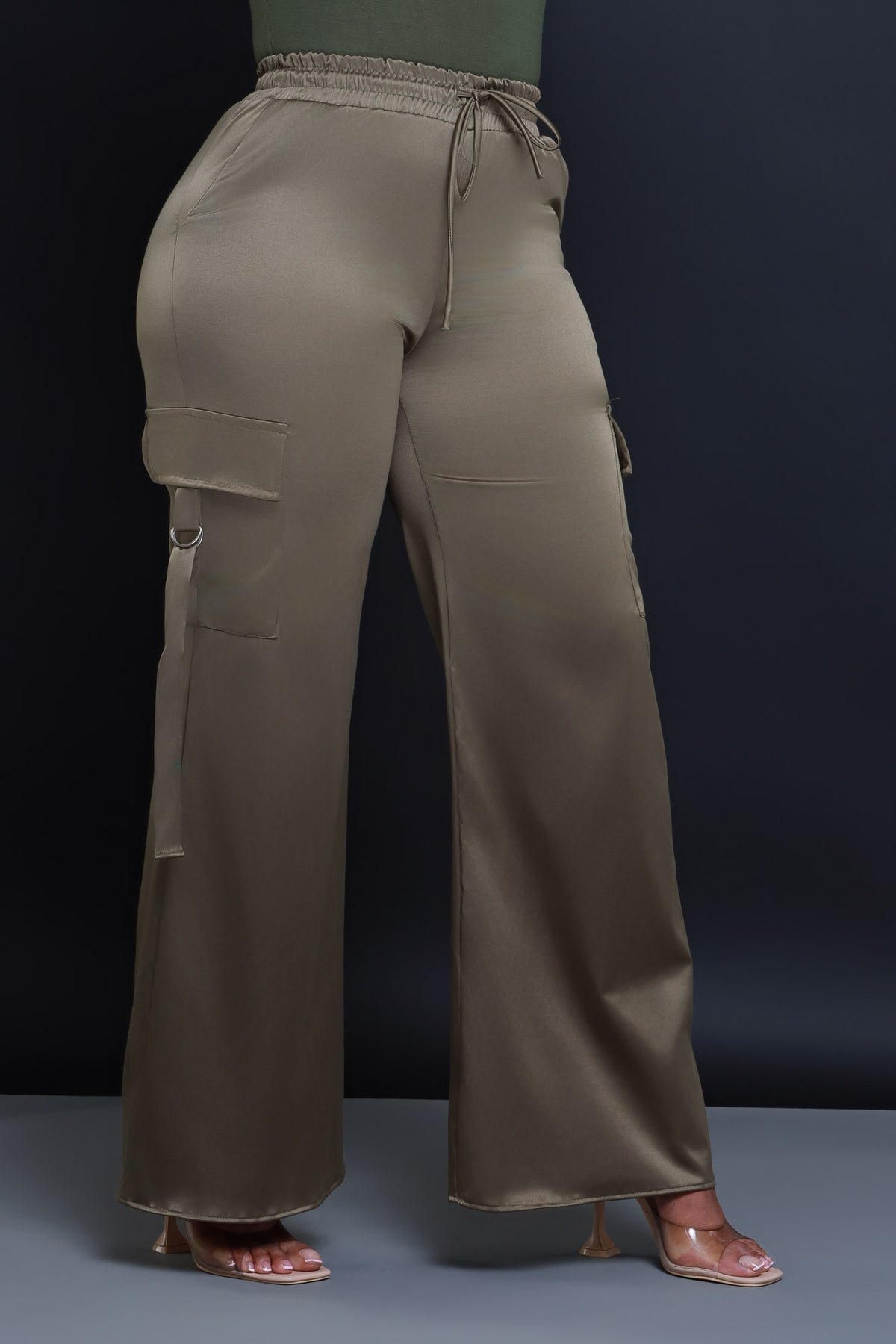 
              Satin Multi Pocket Long Cargo Pants - Olive - Swank A Posh
            