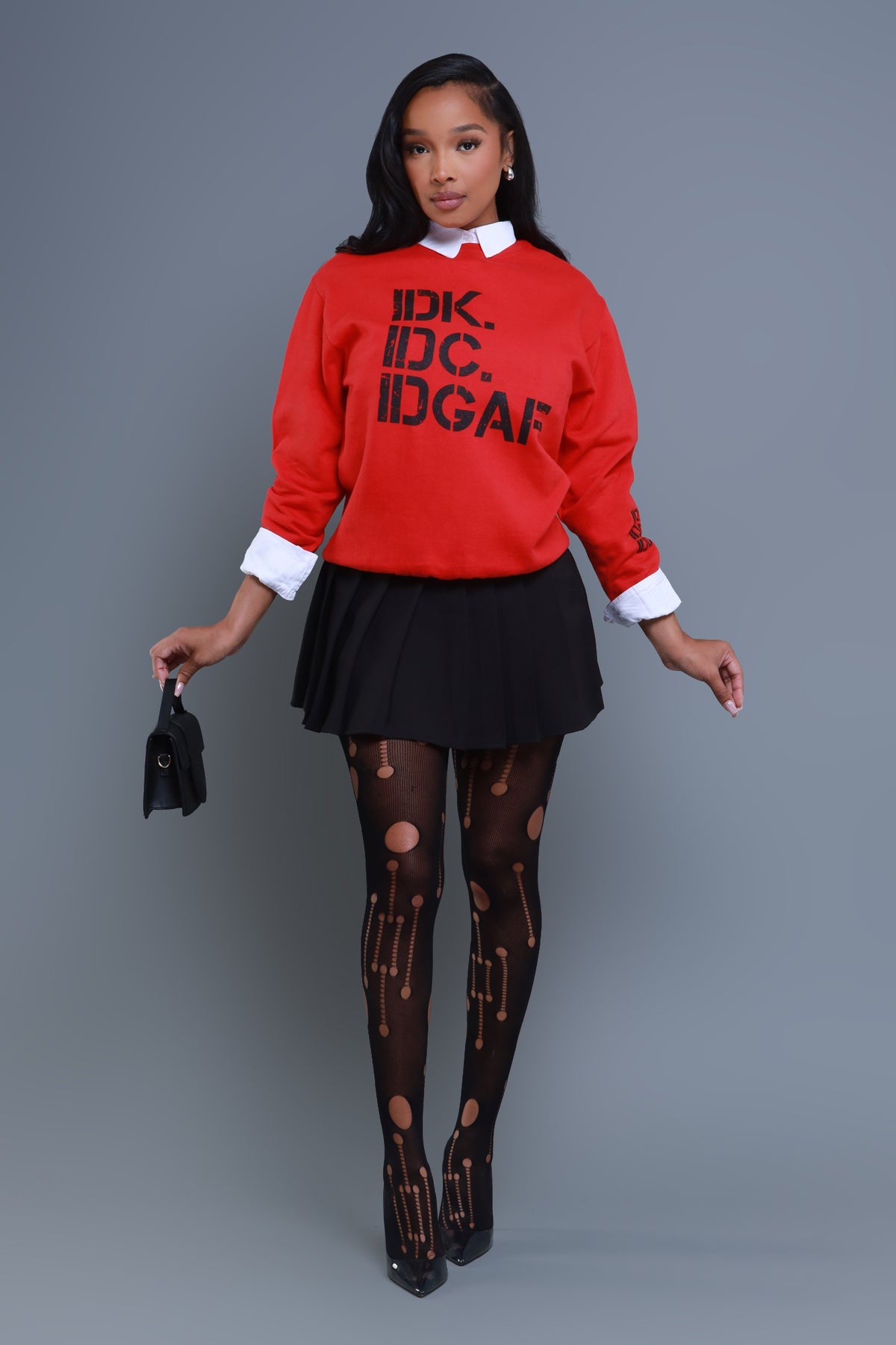 
              IDK, IDC Graphic Crewneck Sweatshirt - Red/Black - Swank A Posh
            