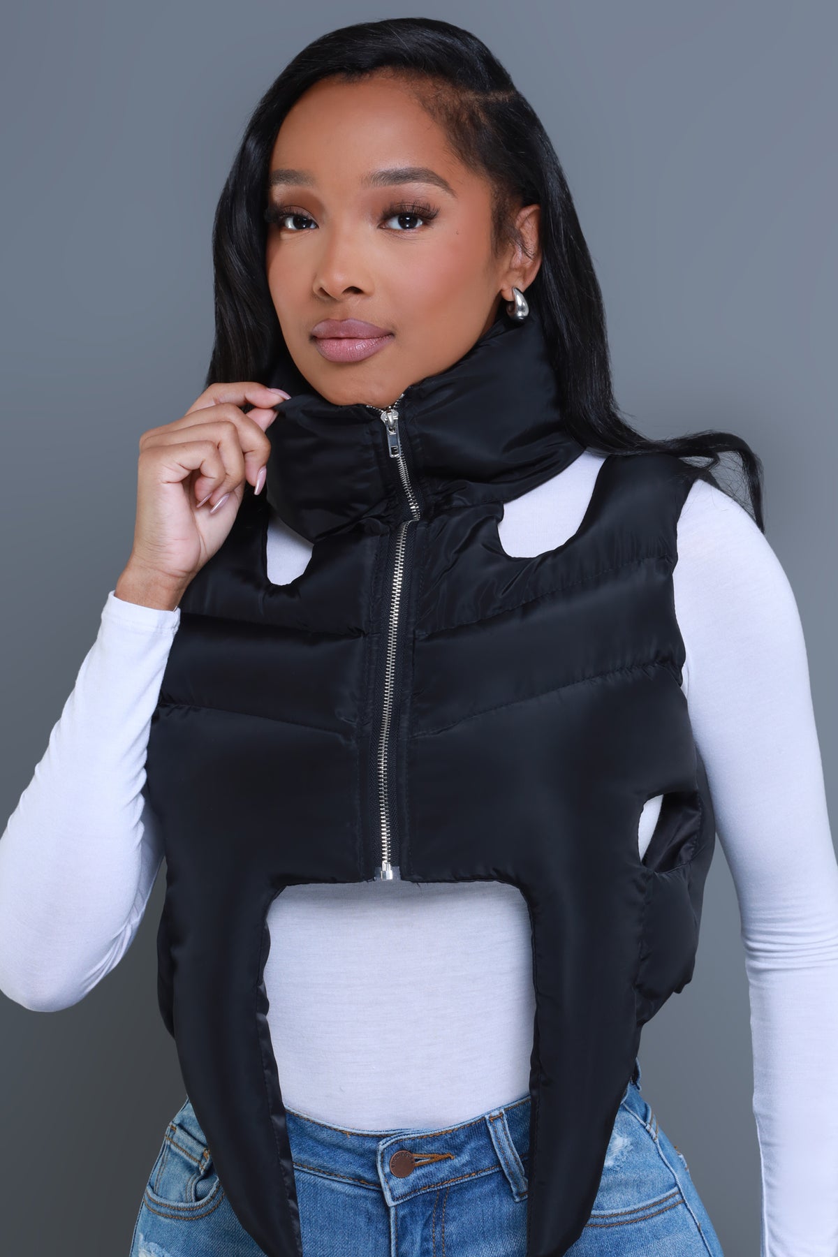 
              Girl Fight Cropped Cut Out Puffer Vest - Black - Swank A Posh
            