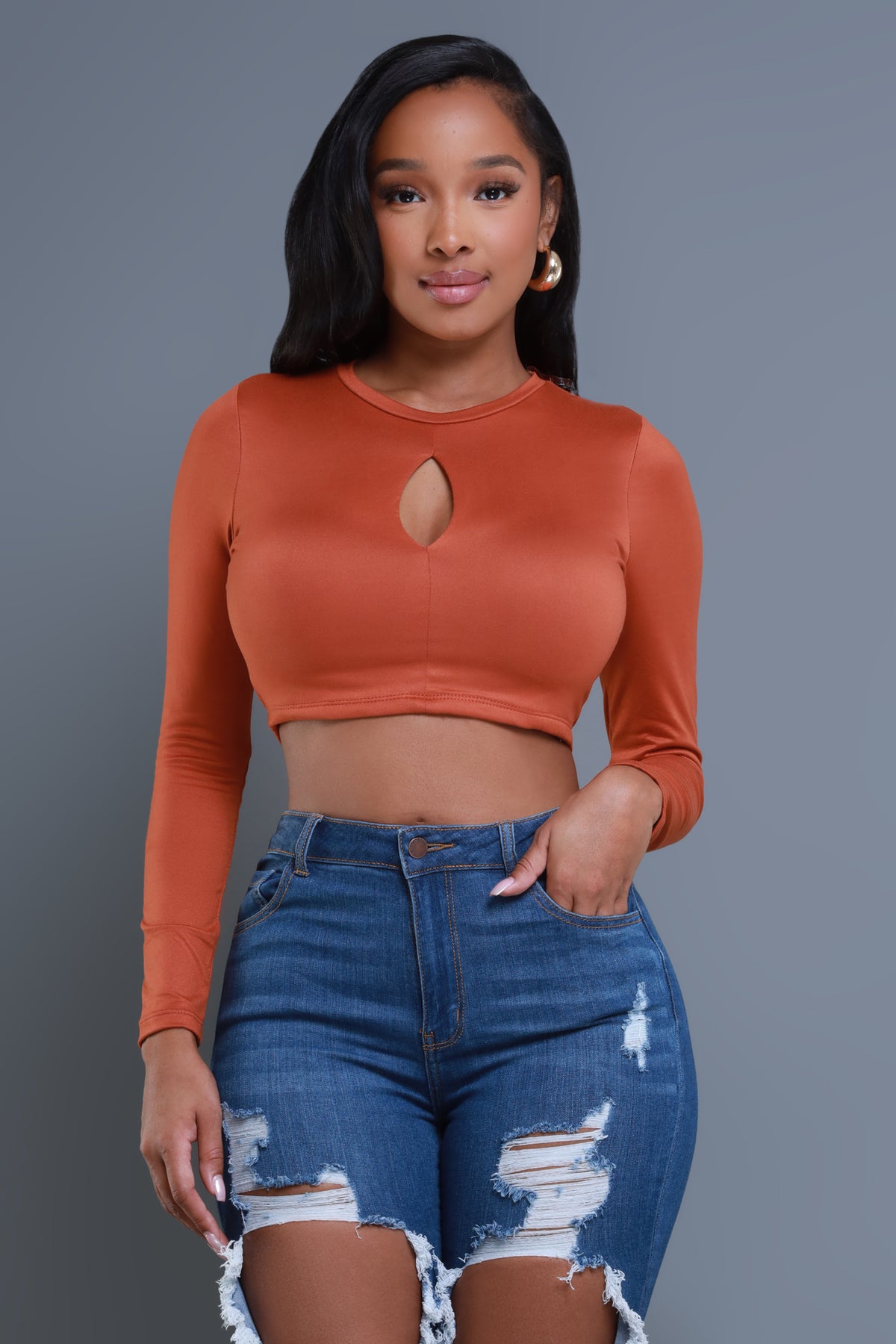 
              Not Worried Double Layered Keyhole Crop Top - Spicy Rust - Swank A Posh
            