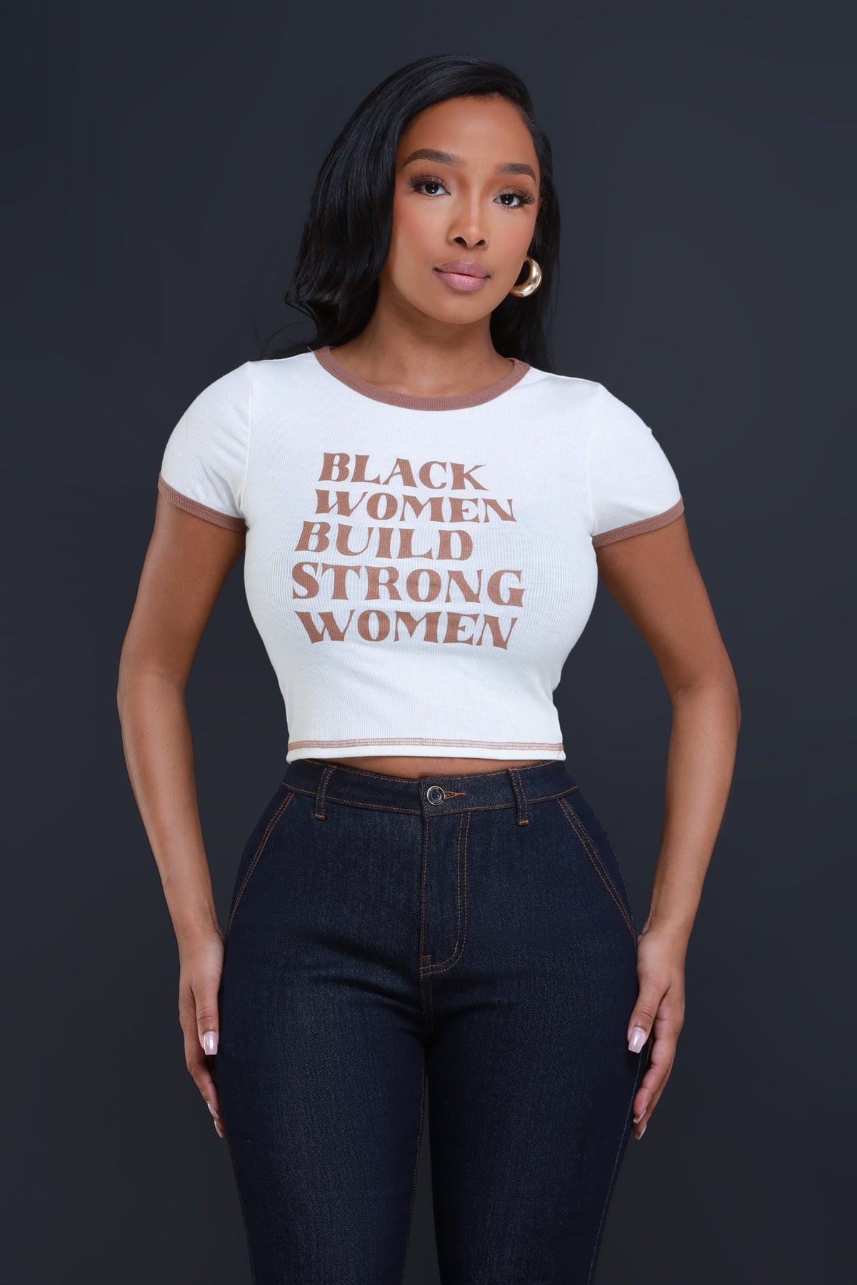 
              Strong Women Cropped Graphic Tee - Cream/Brown - Swank A Posh
            