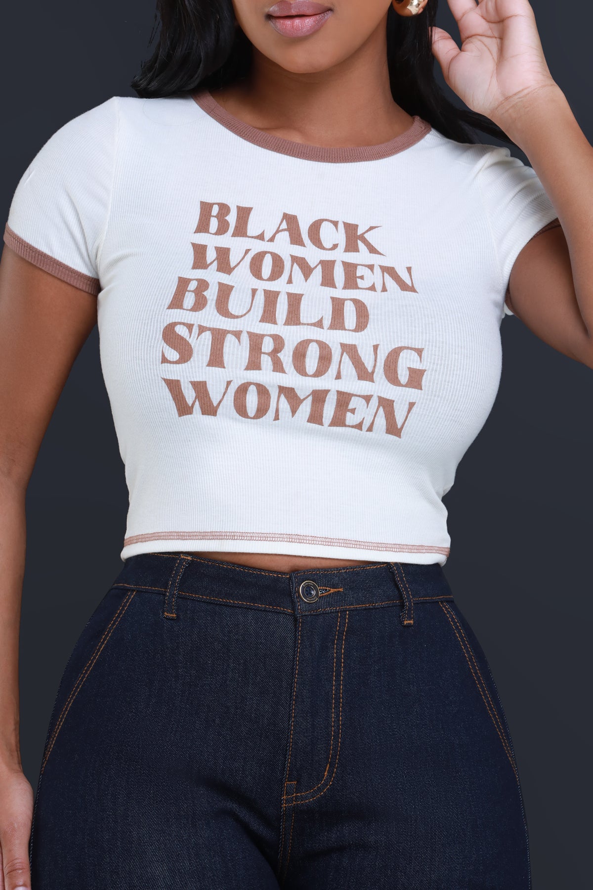 
              Strong Women Cropped Graphic Tee - Cream/Brown - Swank A Posh
            