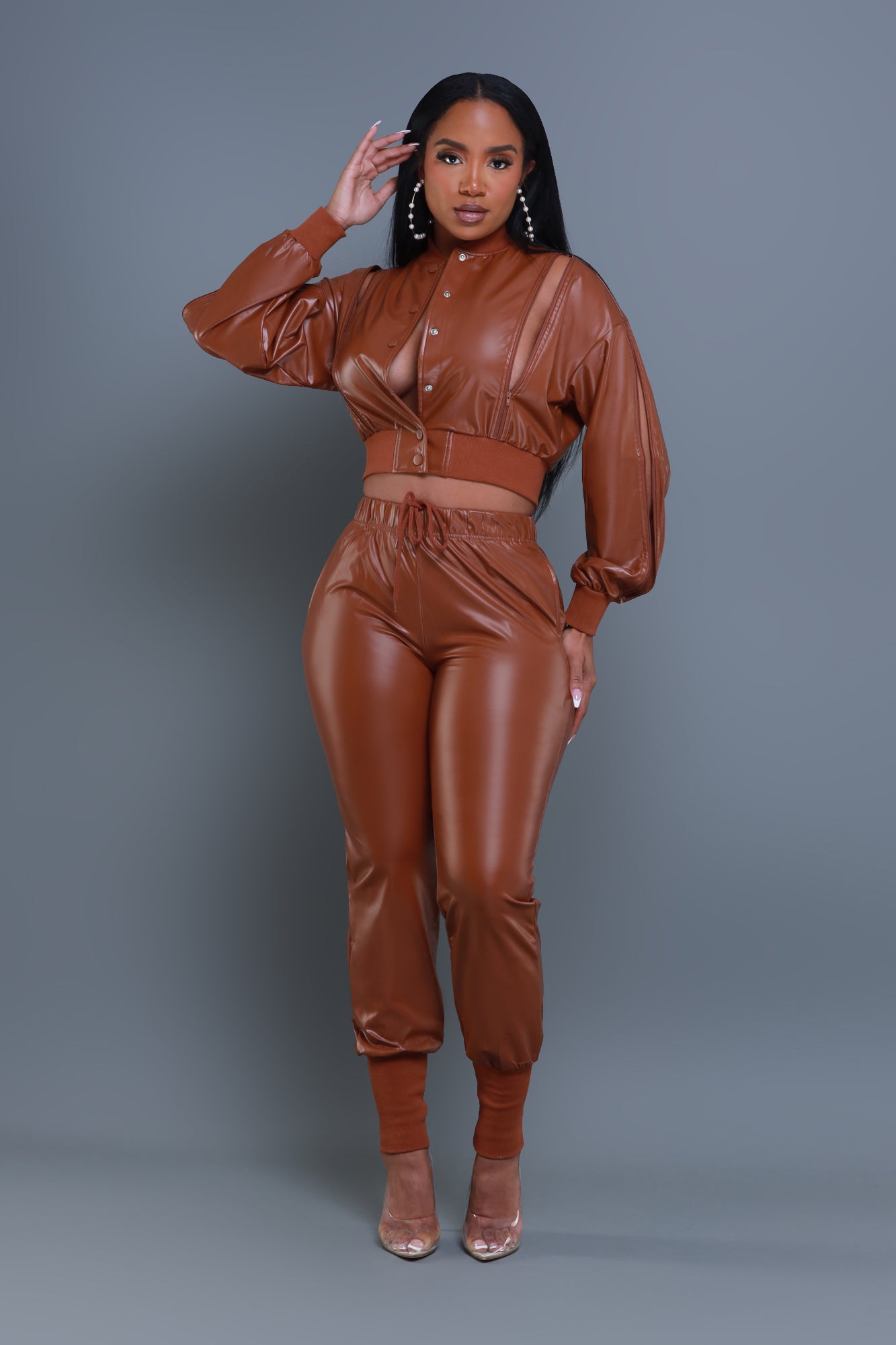 Top Priority Zippered Cropped Jogger Set - Light Brown Faux Leather - Swank A Posh