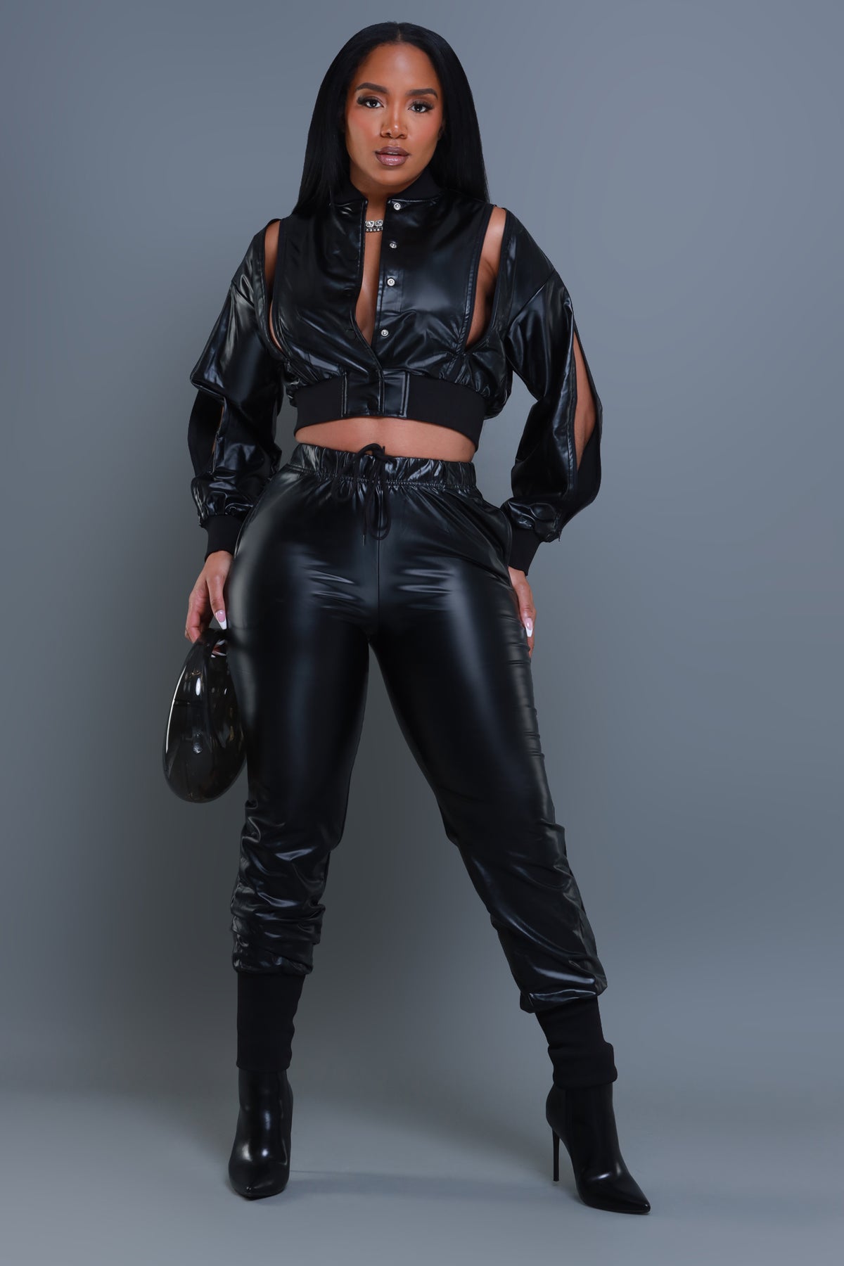 
              Top Priority Zippered Cropped Jogger Set - Black Faux Leather - Swank A Posh
            