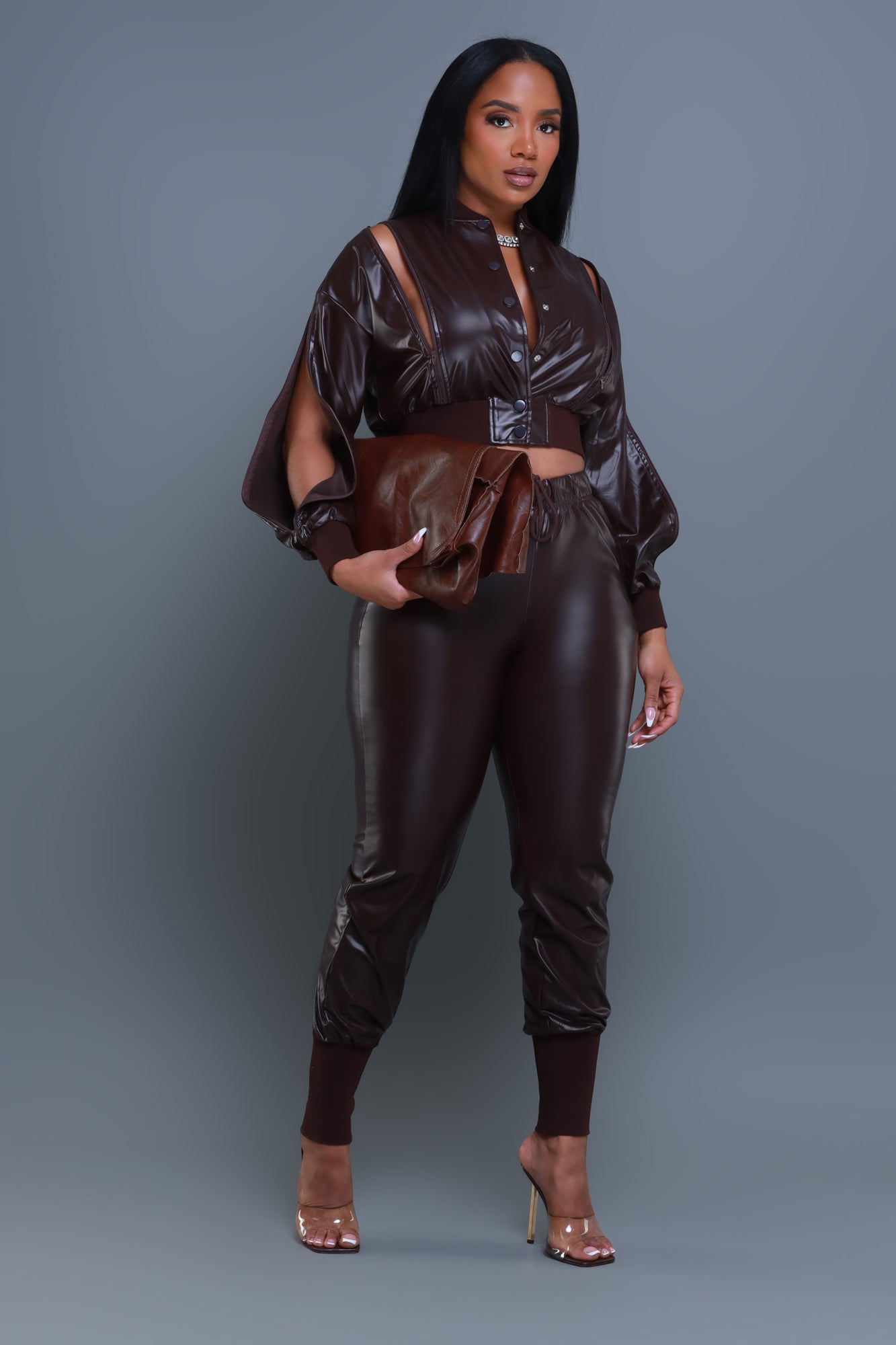 Top Priority Zippered Cropped Jogger Set - Dark Brown Faux Leather - Swank A Posh