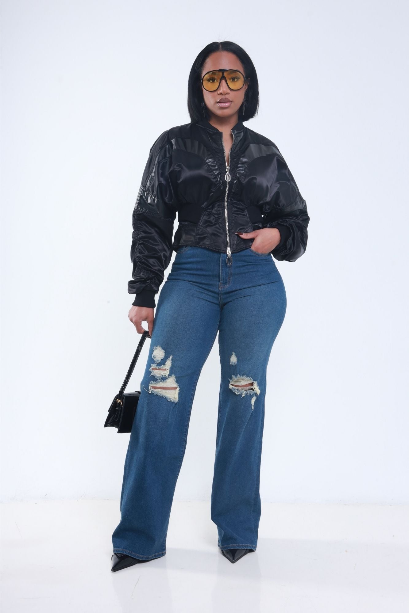 Just Kidding High Rise Distressed Wide Leg Jeans - Med Wash - Swank A Posh