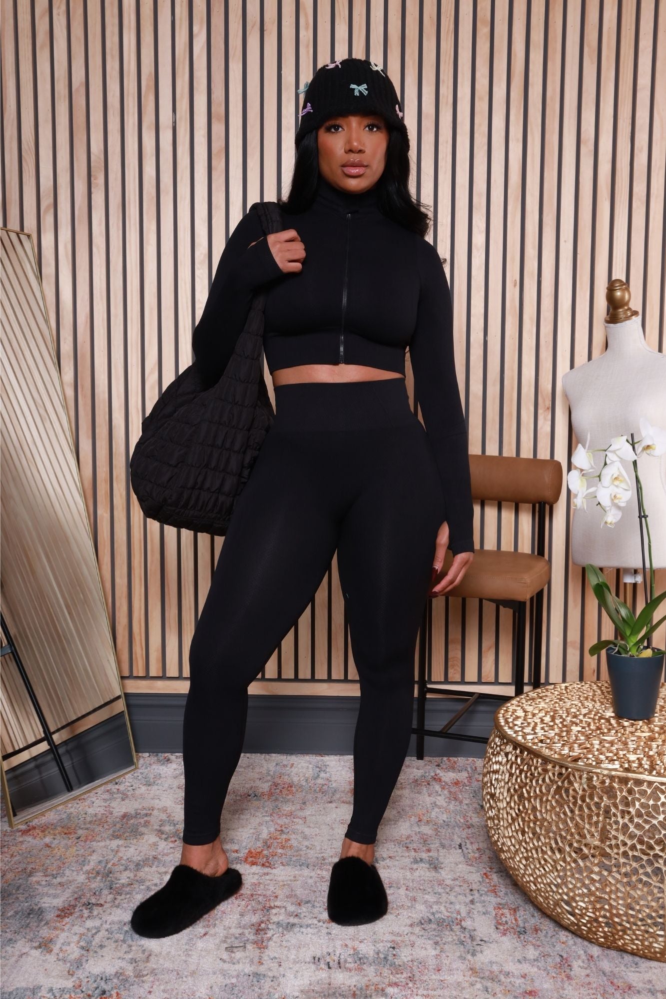 No Idea Zip-Up Cropped Legging Set - Black - Swank A Posh