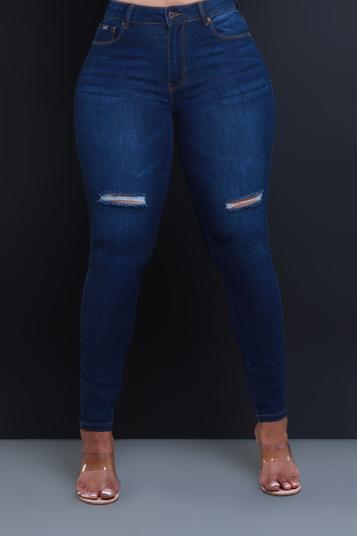 
              Steal The Show Hourglass High Rise Ripped Stretchy Jeans - Dark Wash - Swank A Posh
            
