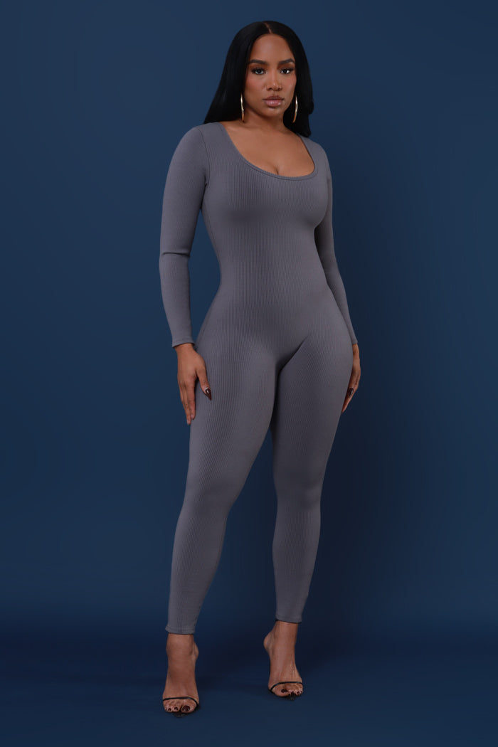 Seal The Deal Cellulite Deleter Scoop Neck Jumpsuit - Charcoal - Swank A Posh