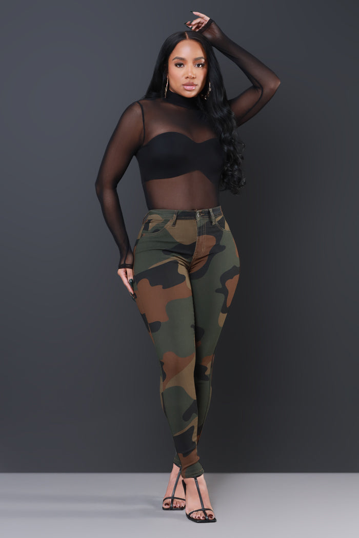Super Swank High Rise Belt Loop Stretchy Skinny Jeans - Dark Camouflage - Swank A Posh