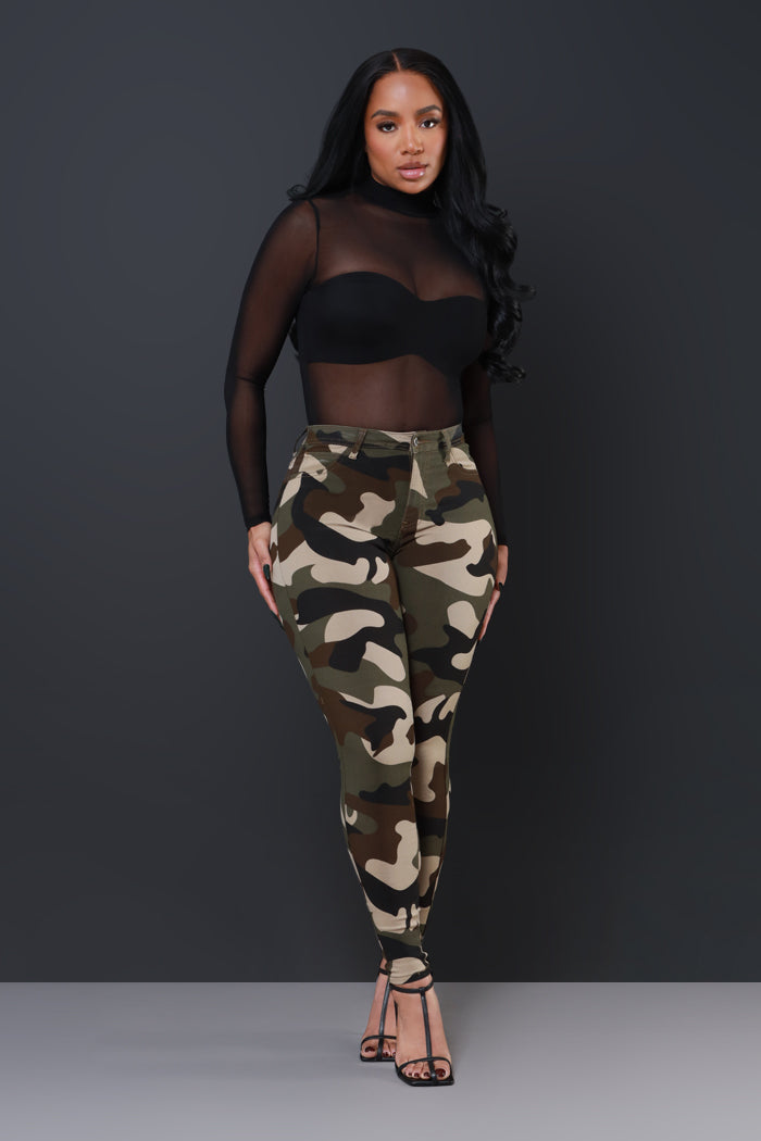 Super Swank High Rise Belt Loop Stretchy Skinny Jeans - Olive Camouflage - Swank A Posh