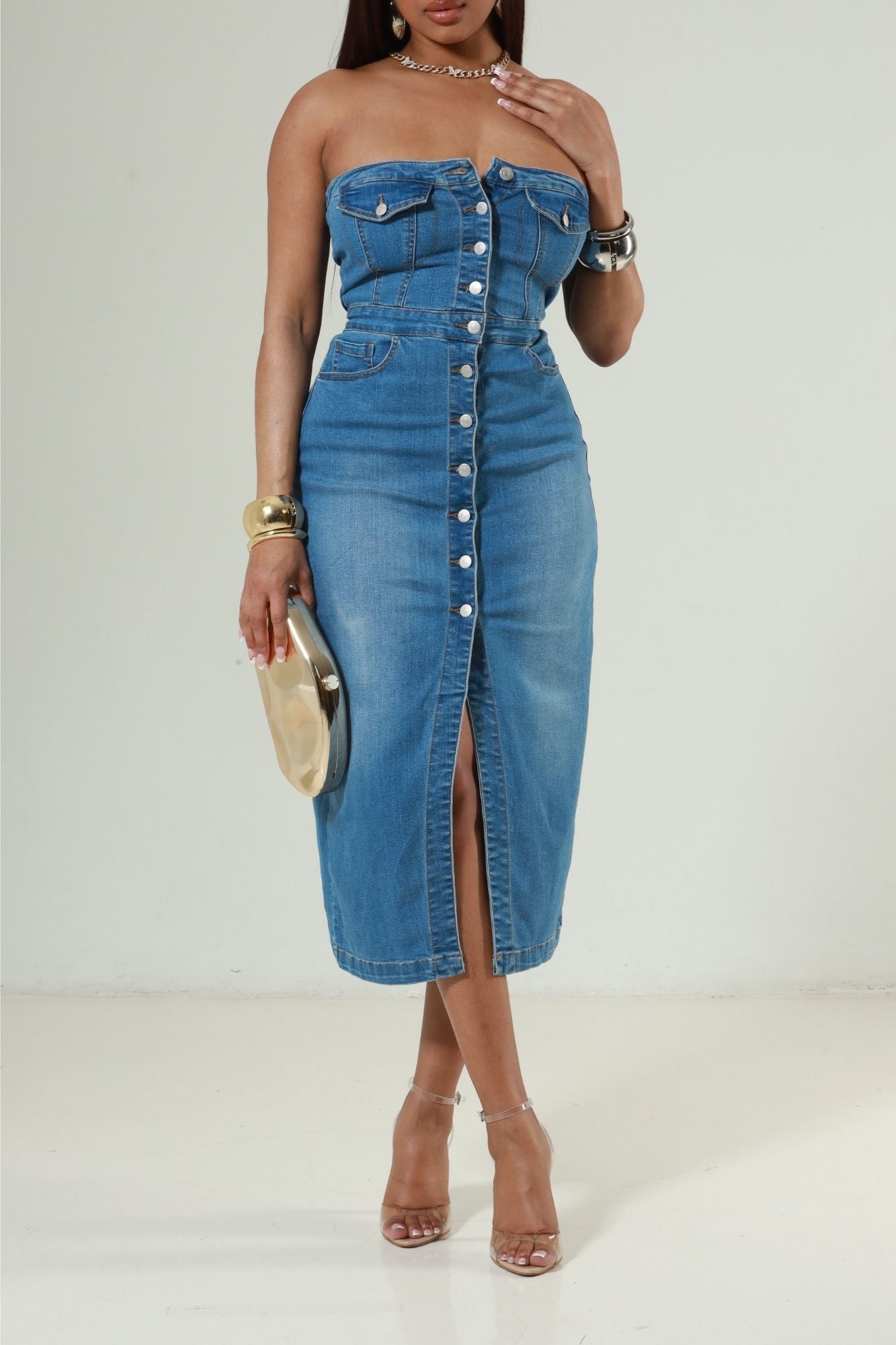 In The Night Button Down Midi Dress - Medium Wash Denim - Swank A Posh