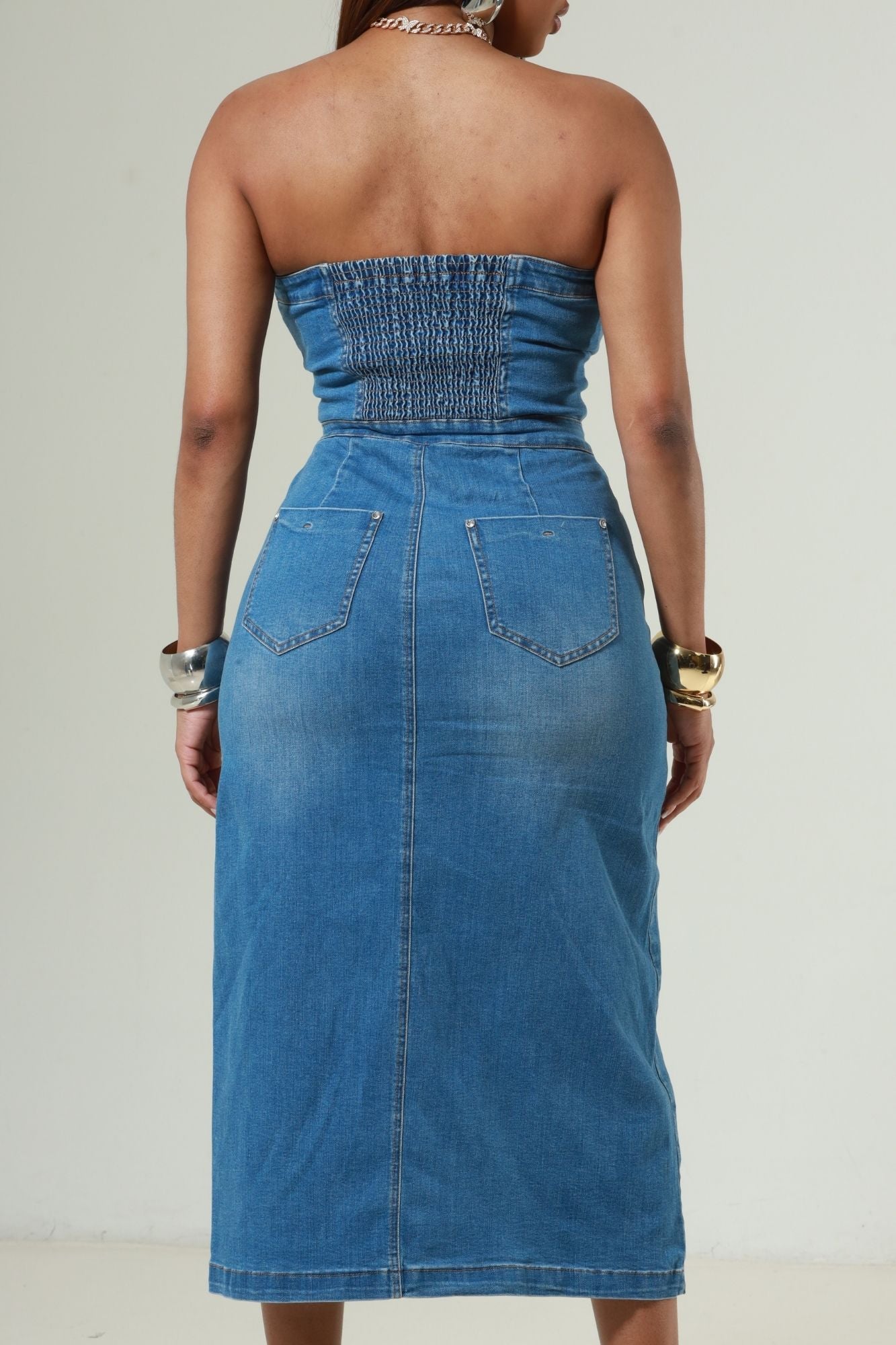 In The Night Button Down Midi Dress - Medium Wash Denim - Swank A Posh