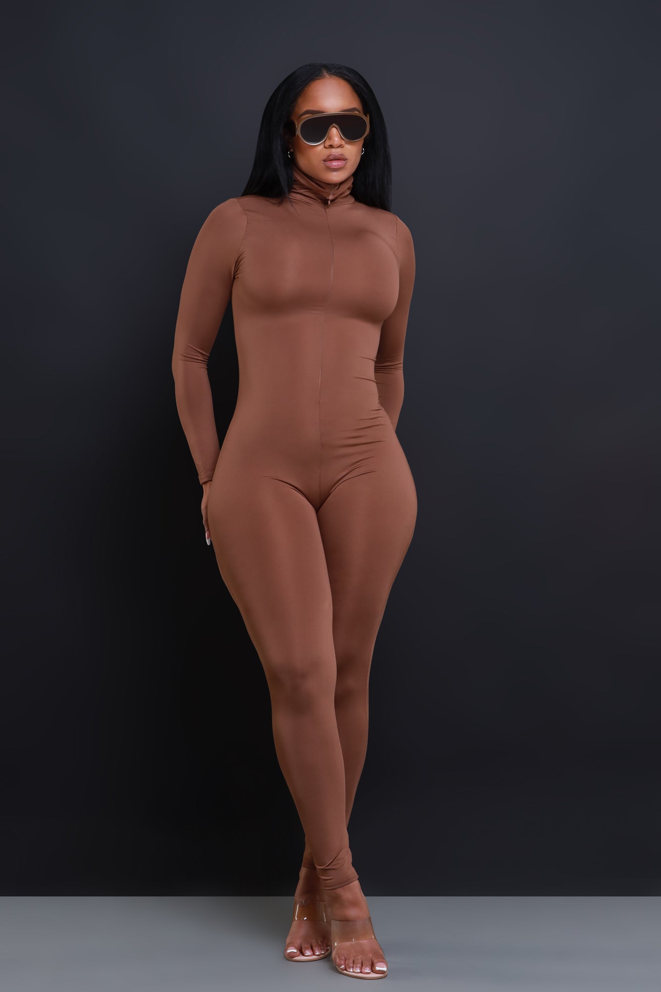 High Class Mock Neck Jumpsuit - Mocha - Swank A Posh