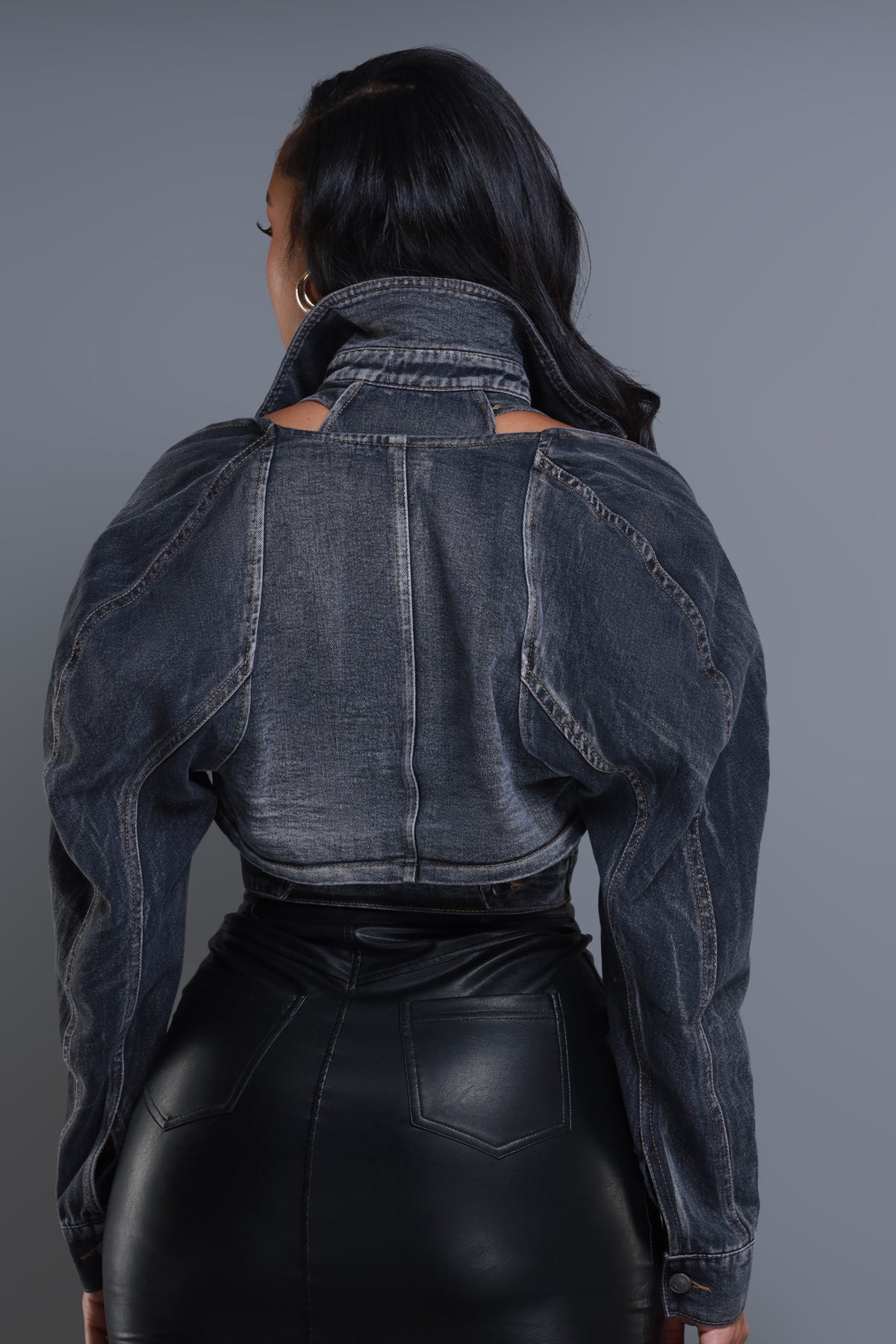 
              Killa Cropped Cutout Denim Jacket - Vintage Black - Swank A Posh
            