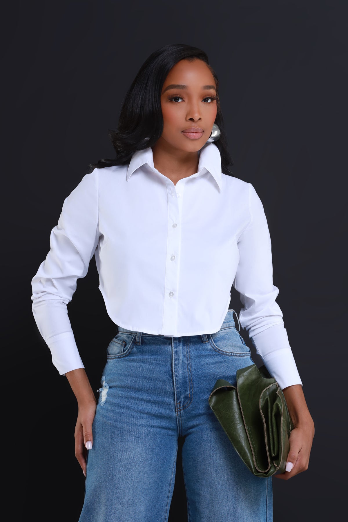 
              Chart Topper Cropped Button Up Top - White - Swank A Posh
            