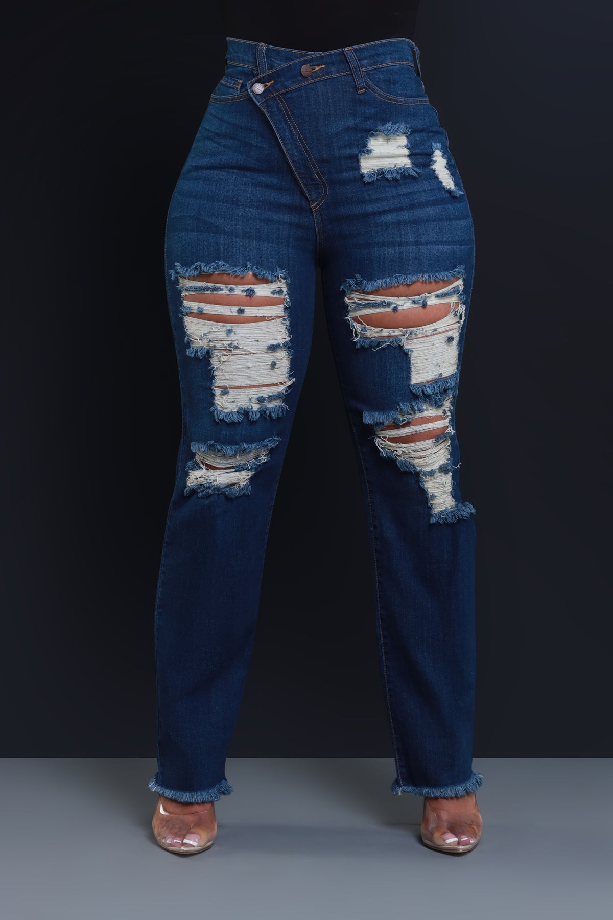 
              Limitless Asymmetrical Zip Bootcut Jeans - Dark Wash - Swank A Posh
            