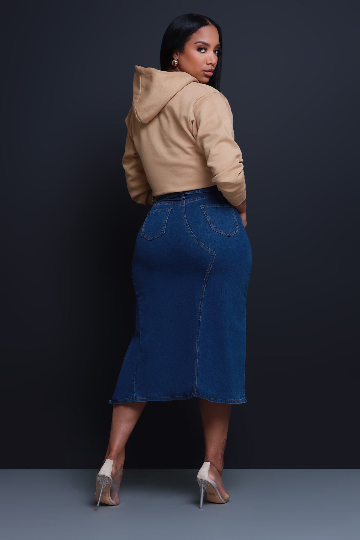 
              Sunday Morning Asymmetrical Denim Midi Skirt - Dark Wash - Swank A Posh
            
