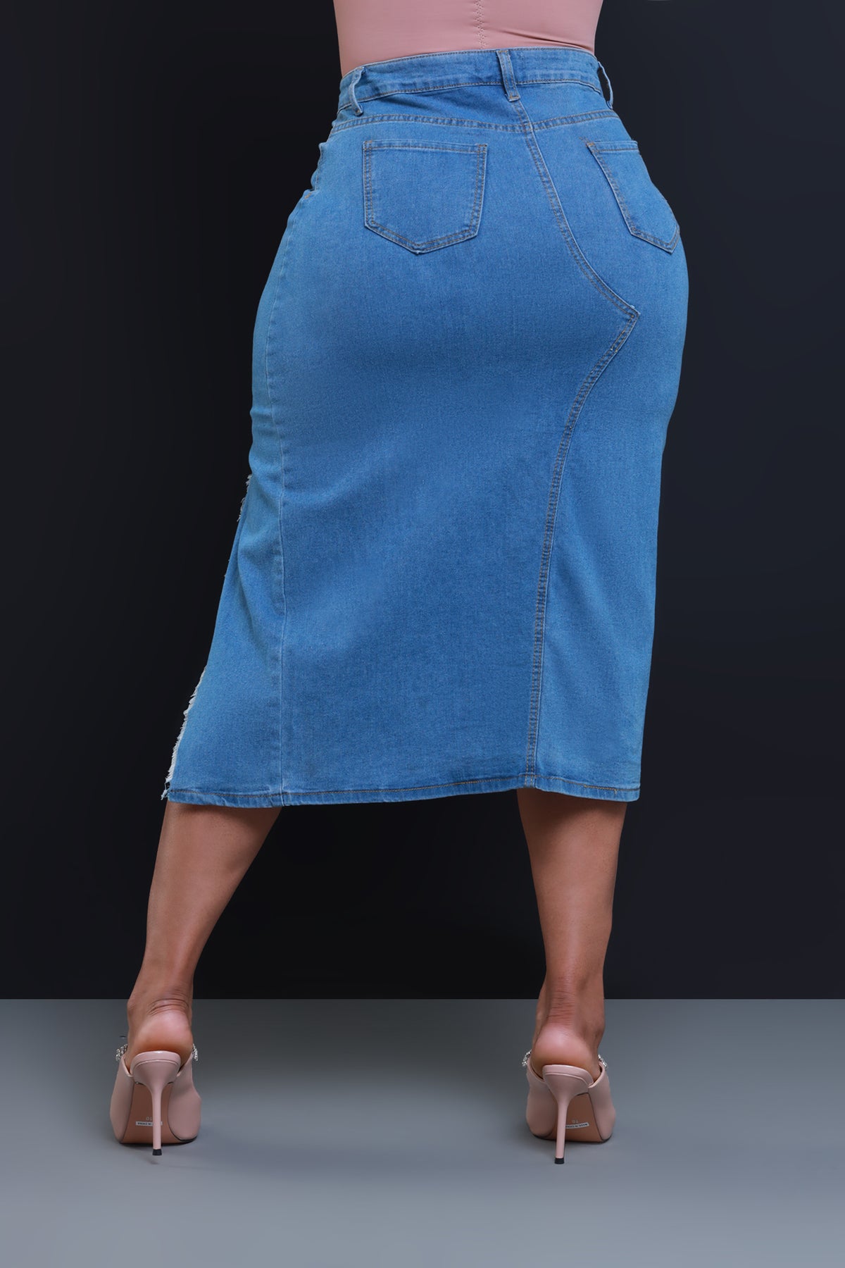 
              Sunday Morning Asymmetrical Denim Midi Skirt - Medium Wash - Swank A Posh
            