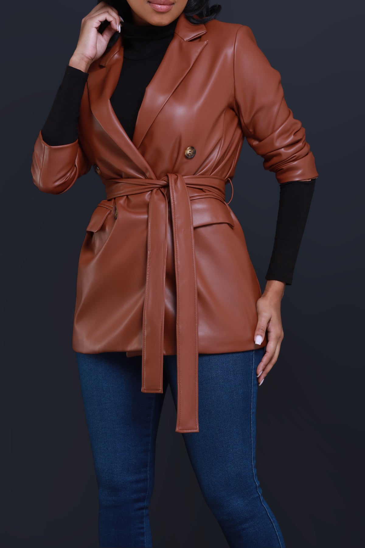 
              Vote On It Faux Leather Belted Jacket - Chocolate - Swank A Posh
            