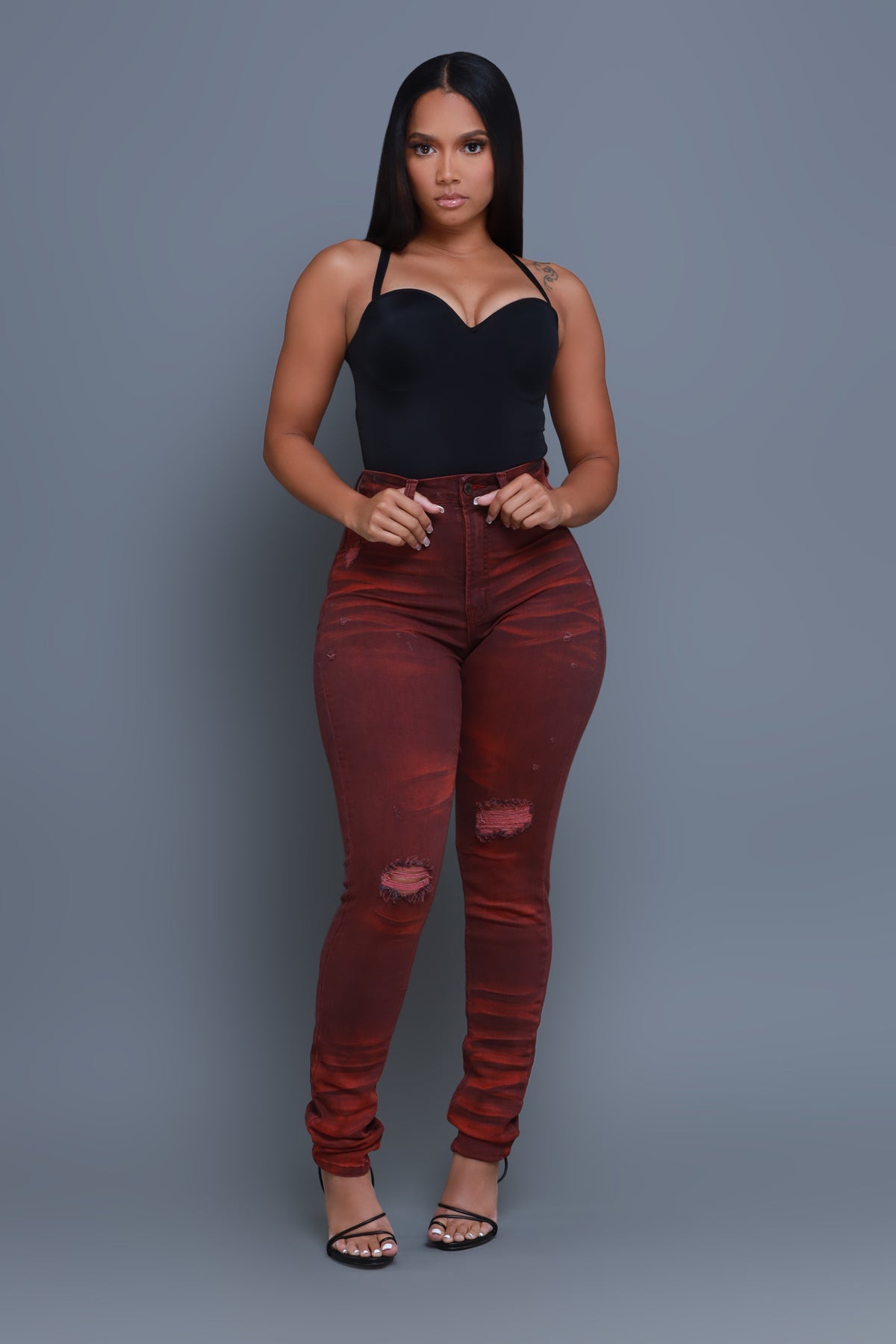 
              On Your Mind Distressed Skinny Jeans - Burgundy Wash - Swank A Posh
            