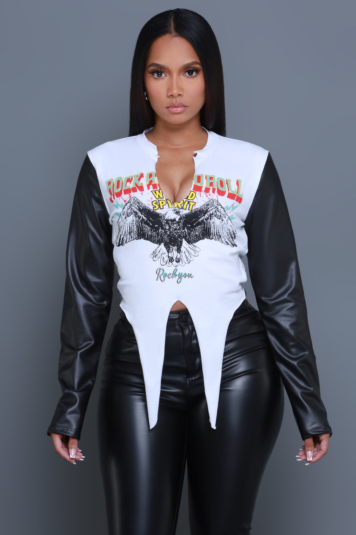 
              Rock On Faux Leather Sleeve Graphic Top - White/Black - Swank A Posh
            