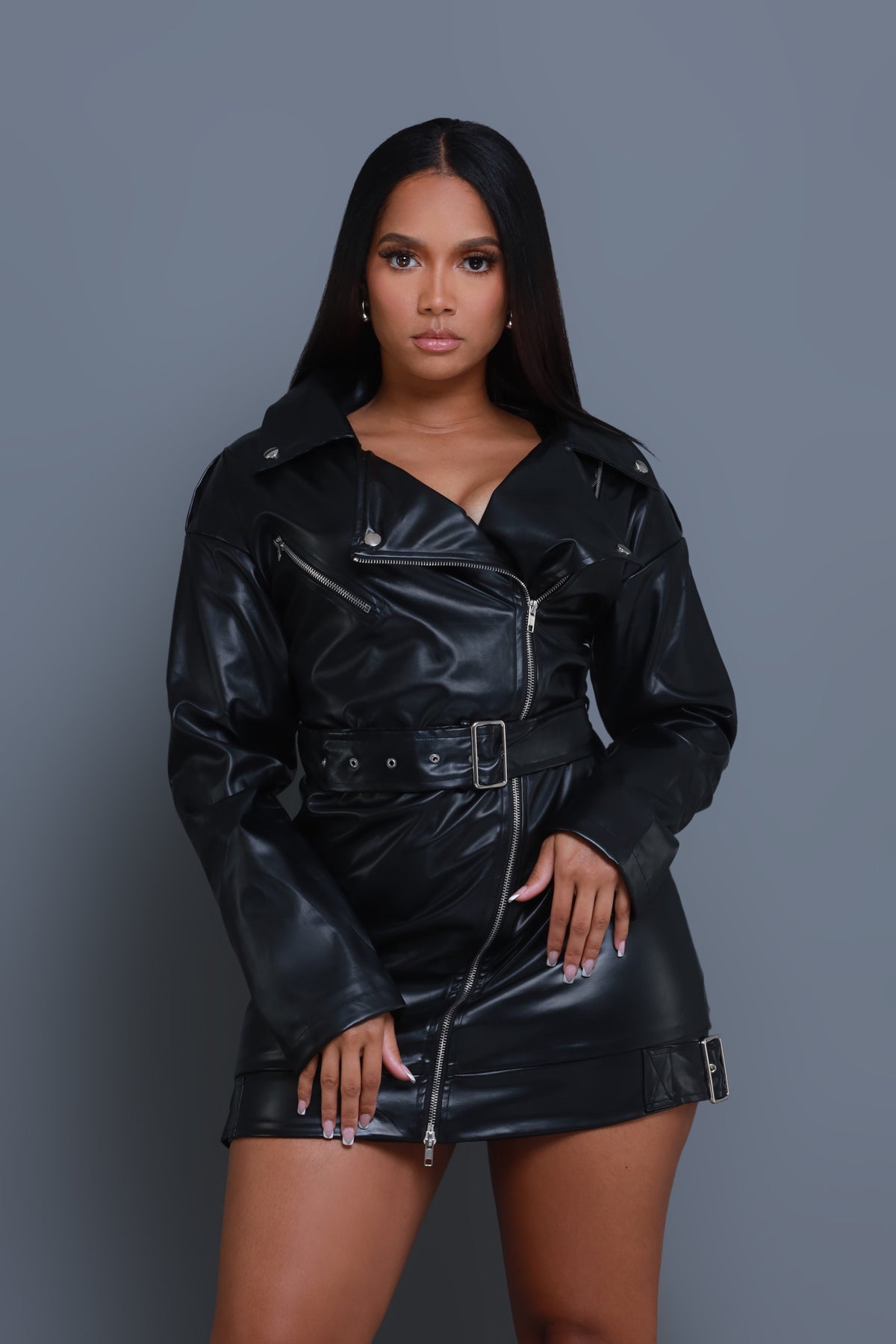 
              Into The Dark Faux Leather Belted Dress - Black - Swank A Posh
            