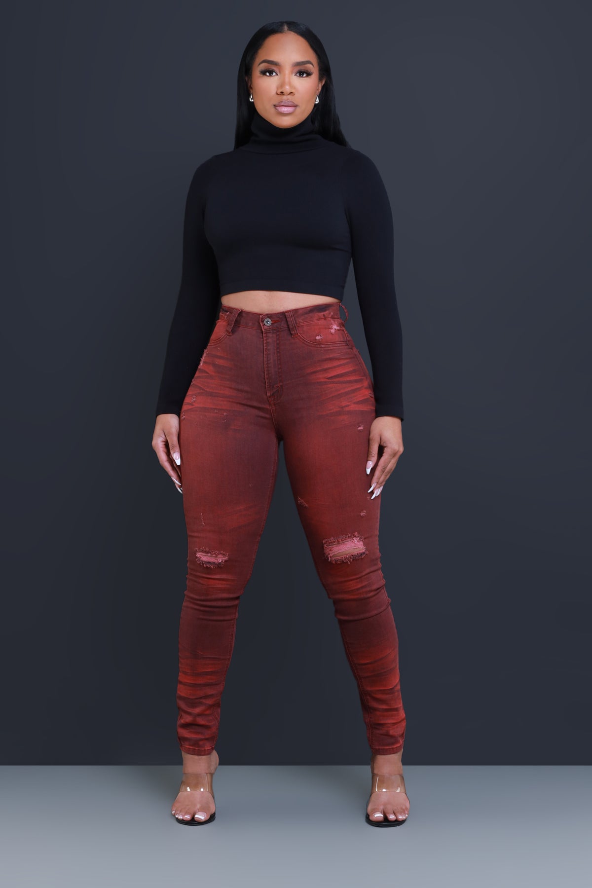 
              On Your Mind Distressed Skinny Jeans - Burgundy Wash - Swank A Posh
            