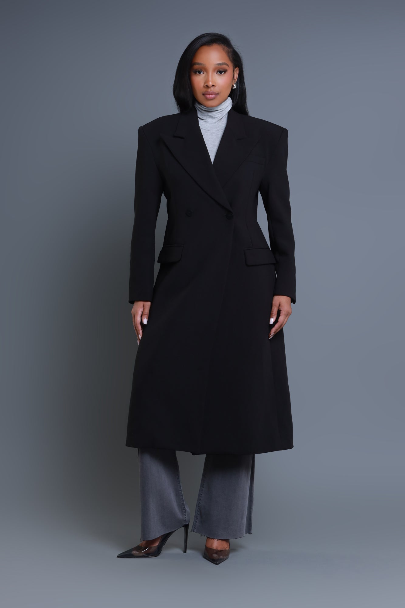 Take Notes Double Breasted Longline Coat - Black
