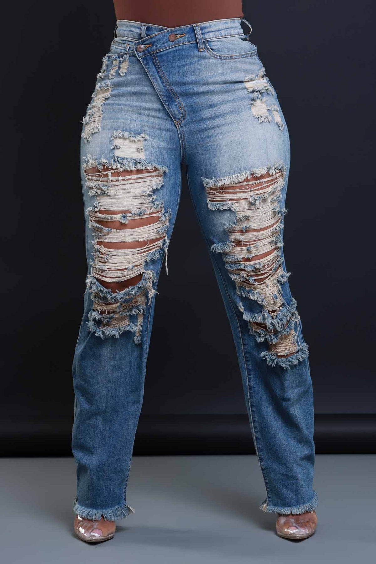 
              Limitless Asymmetrical Zip Bootcut Jeans - Medium Wash Vintage - Swank A Posh
            