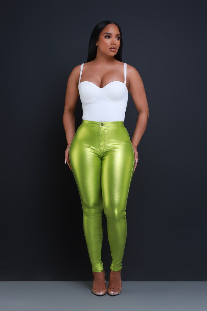 Coming In Hot High Rise Metallic Skinny Pants - Lime Green