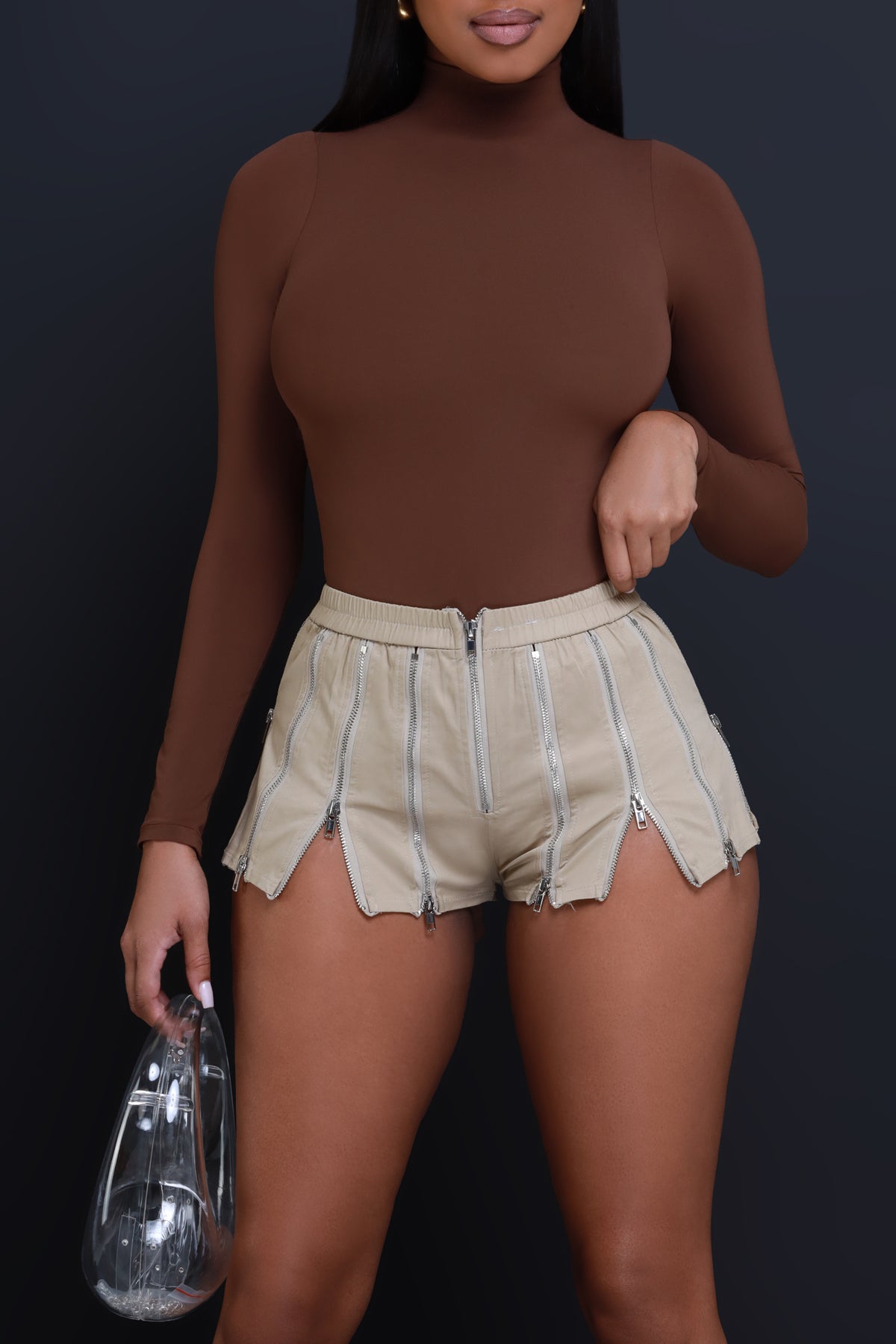 
              Double Feature Zipper Trimmed Shorts - Taupe - Swank A Posh
            