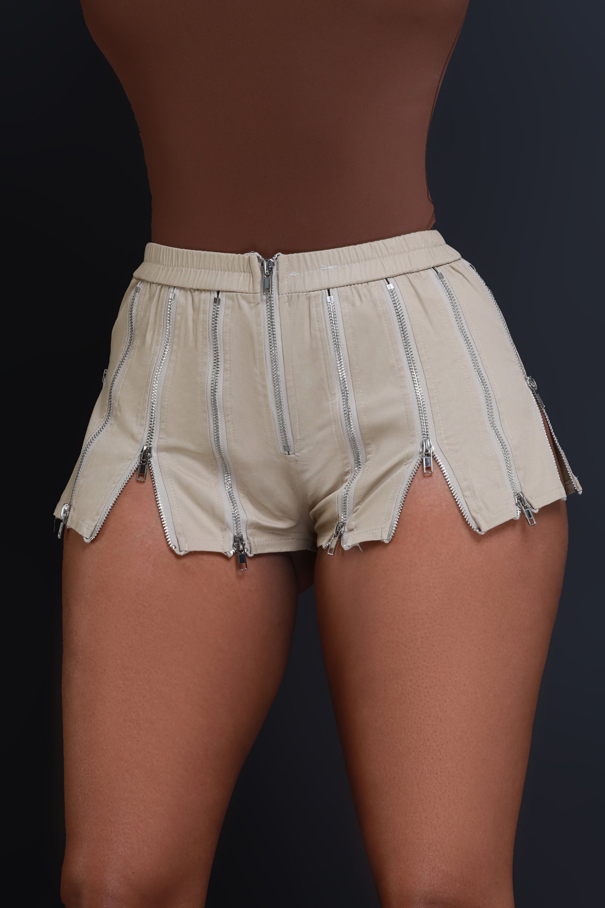 
              Double Feature Zipper Trimmed Shorts - Taupe - Swank A Posh
            