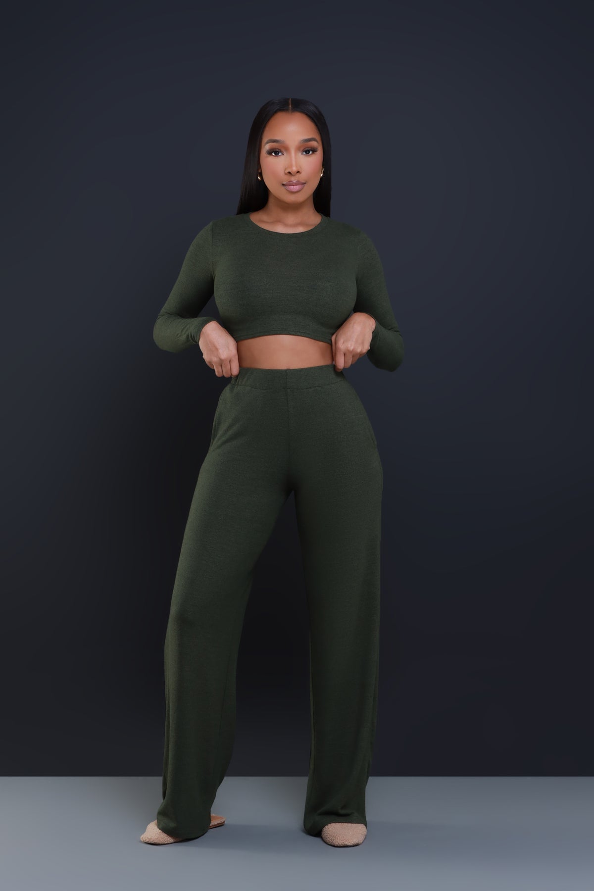 
              In Check Long Sleeve Cropped Pants Set - Olive - Swank A Posh
            