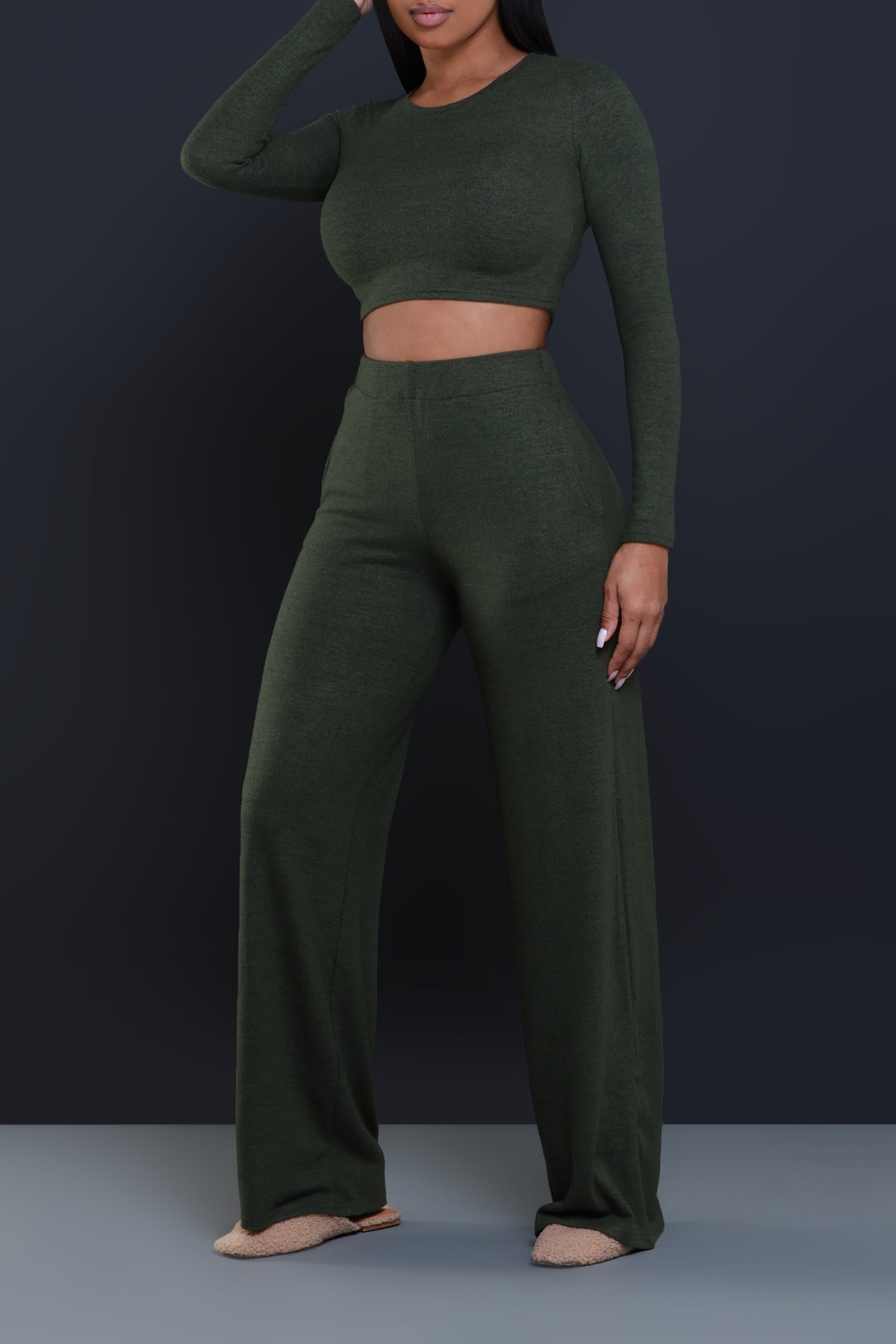 
              In Check Long Sleeve Cropped Pants Set - Olive - Swank A Posh
            